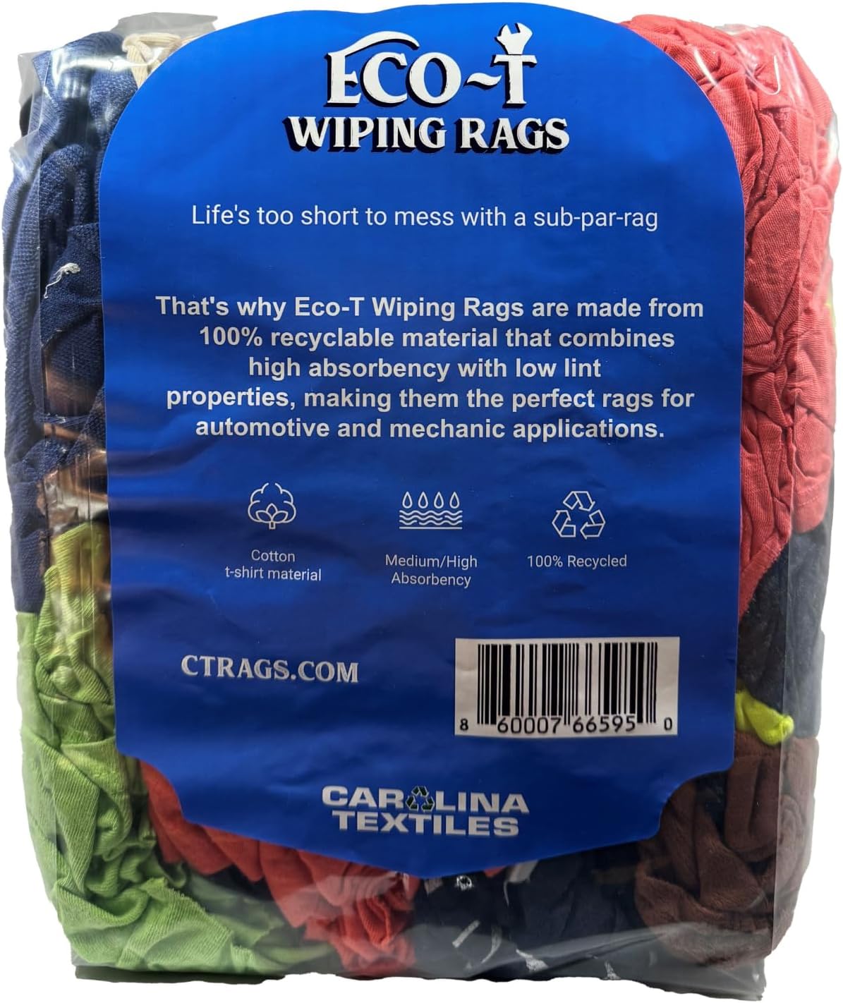 4 Lb Bag Eco-T Mechanic Shop Rags - Colored T-Shirt Material, 100% Recycled, Eco-Friendly, High Absorbency, Low Lint, Low-Cost, Industrial Use Wiping Cloth