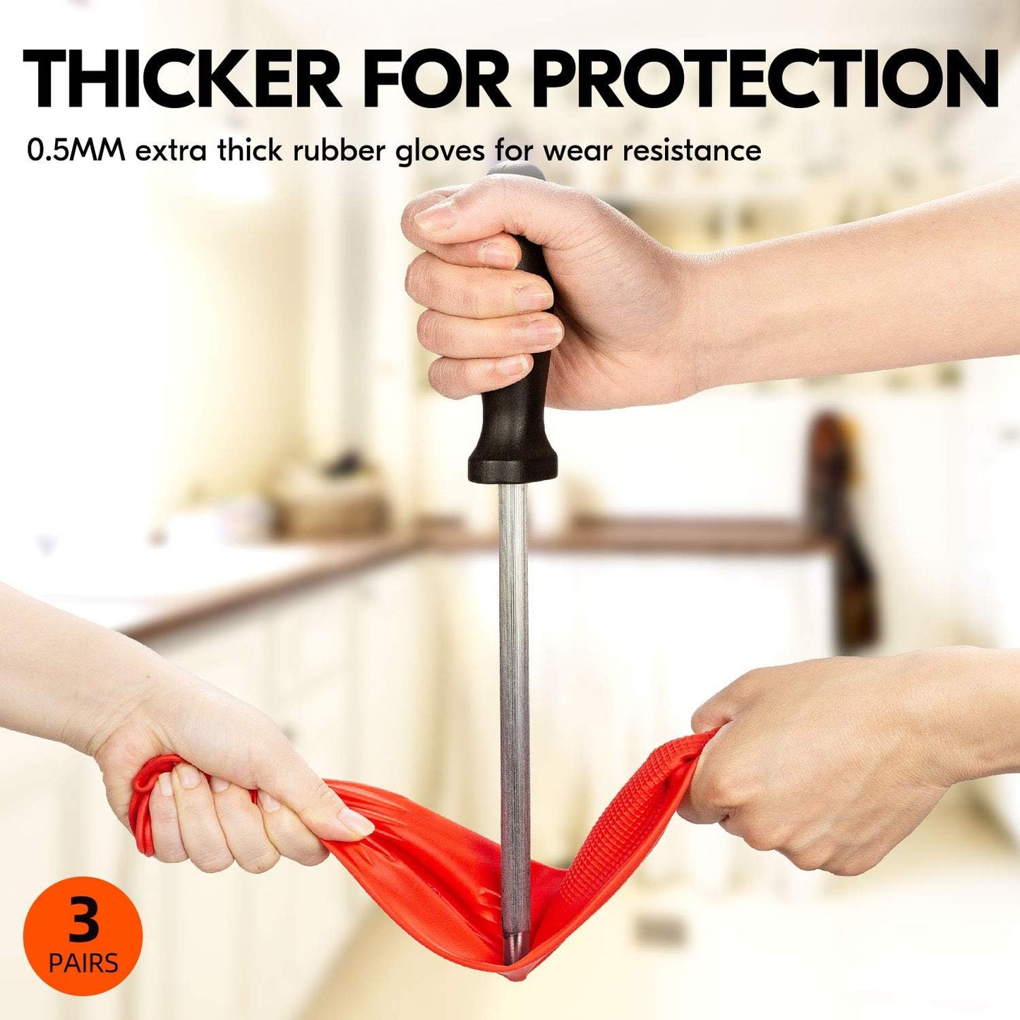 Vgo... 3-Pairs Dishwashing Gloves, Reusable Household Gloves, Long Sleeve, Thick Latex, Cleaning, Washing, Working, Painting, Gardening, Pet Care (Size L, Red, RB2143)