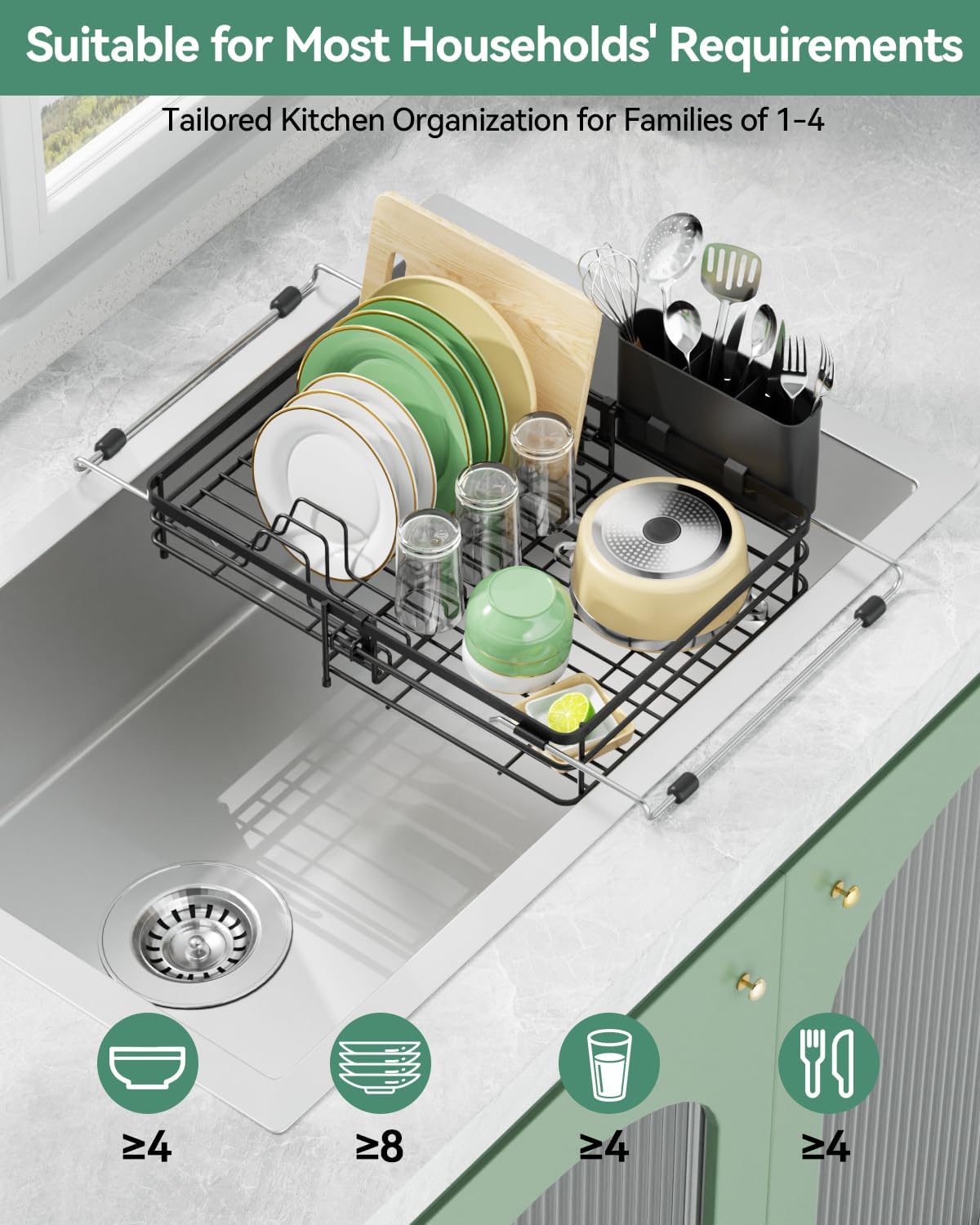 Expandable in Sink Dish Drying Rack - Adjustable Capacity (11.1''-18.43 ''L) Over Sink Dish Drainer Drying Rack for Kitchen Counter, Dish Rack with Utensil Holder