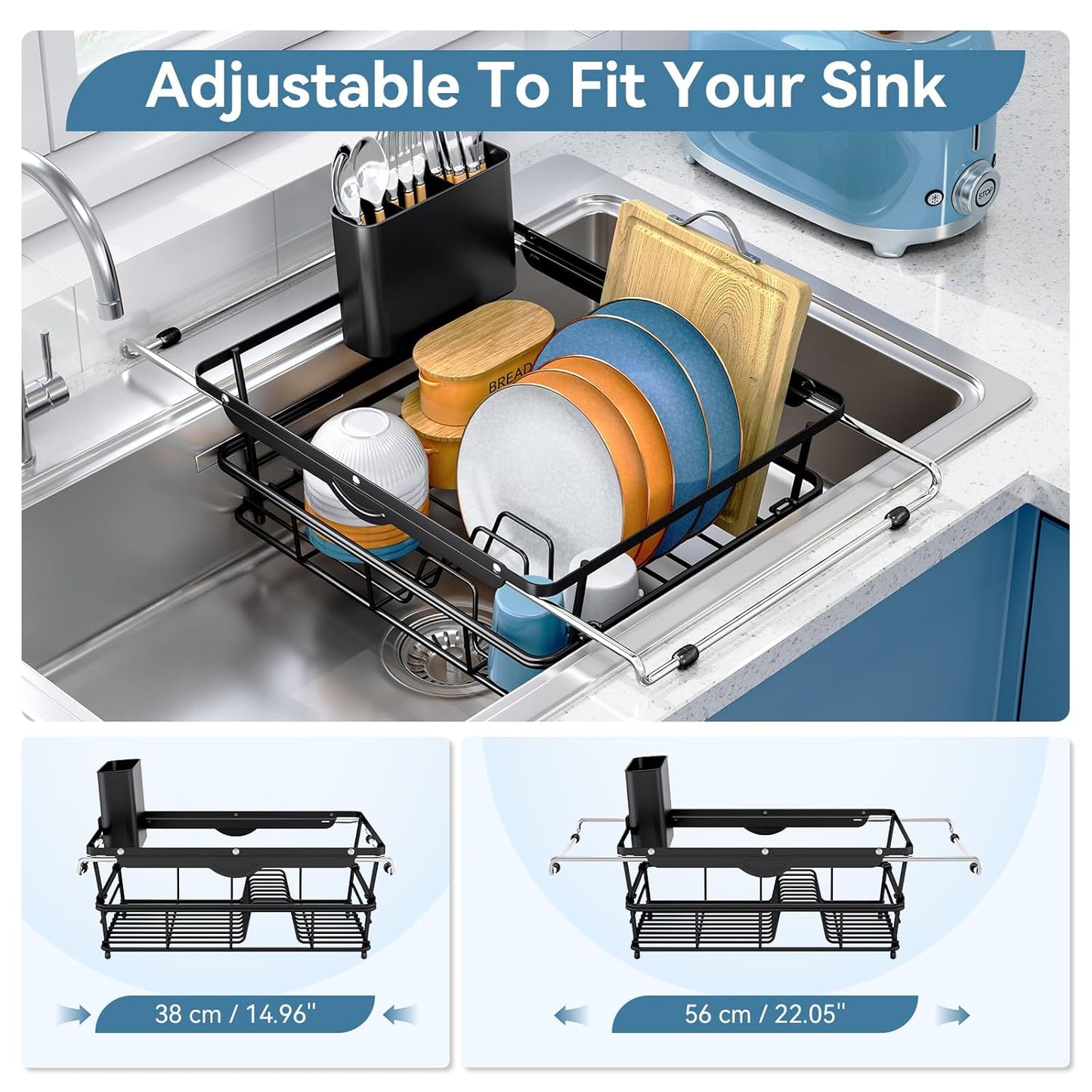 Over the Sink Dish Drying Rack,In Sink Dish Drying Racks,Expandable Dish Rack Over Sink Counter,Adjustable Dish Drainer for Inside Sink with Utensil Holder, Stainless Steel Dish Strainer XLarge Size