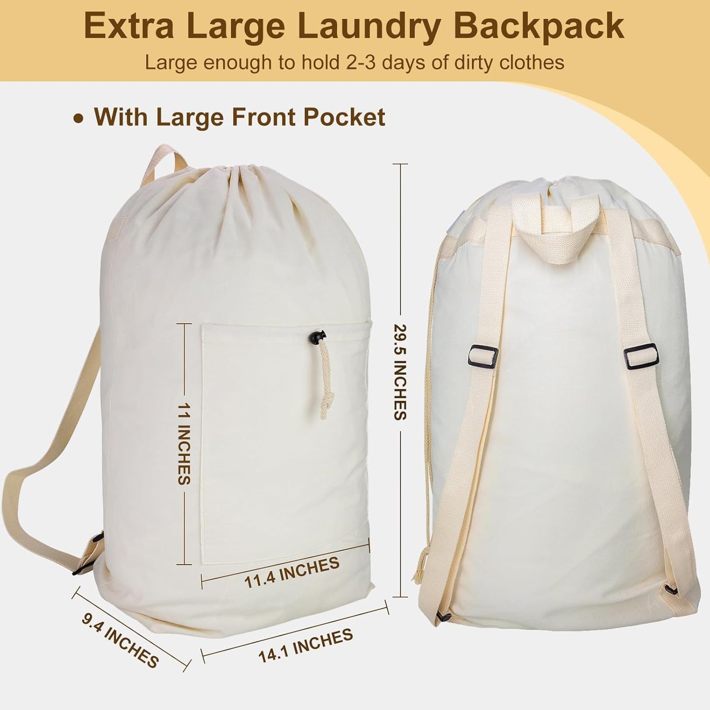 Laundry Bag Backpack, Canvas Laundry Bag with Straps & Drawstring Closure Washable Dirty Cloth Hamper Bag with Large Front Pocket for College, Travel, Laundromat, Camping (Beige)