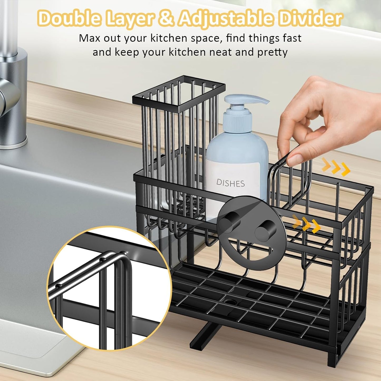 Sponge Holder for Kitchen Sink & Sink Caddy - 2-Tier Stainless Steel Organizer with Automatic Drainage, Rustproof Storage for Dish Brush, Soap Dispenser & Countertop Essentials