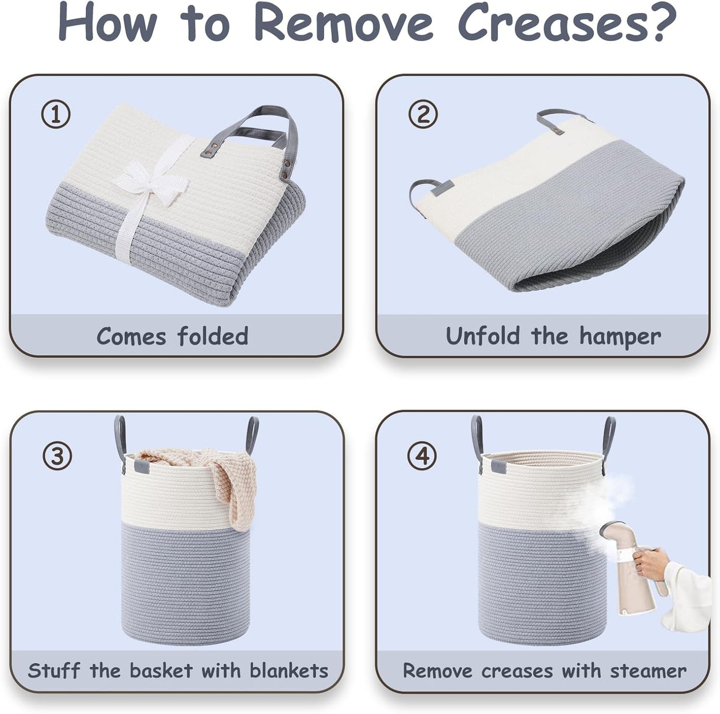 VIPOSCO Tall Laundry Basket, Large Dirty Clothes Hamper with Leather Handle, Woven Rope Storage Basket for Blanket, Toy In Living Room, Bathroom, Bedroom - 53L Grey & White