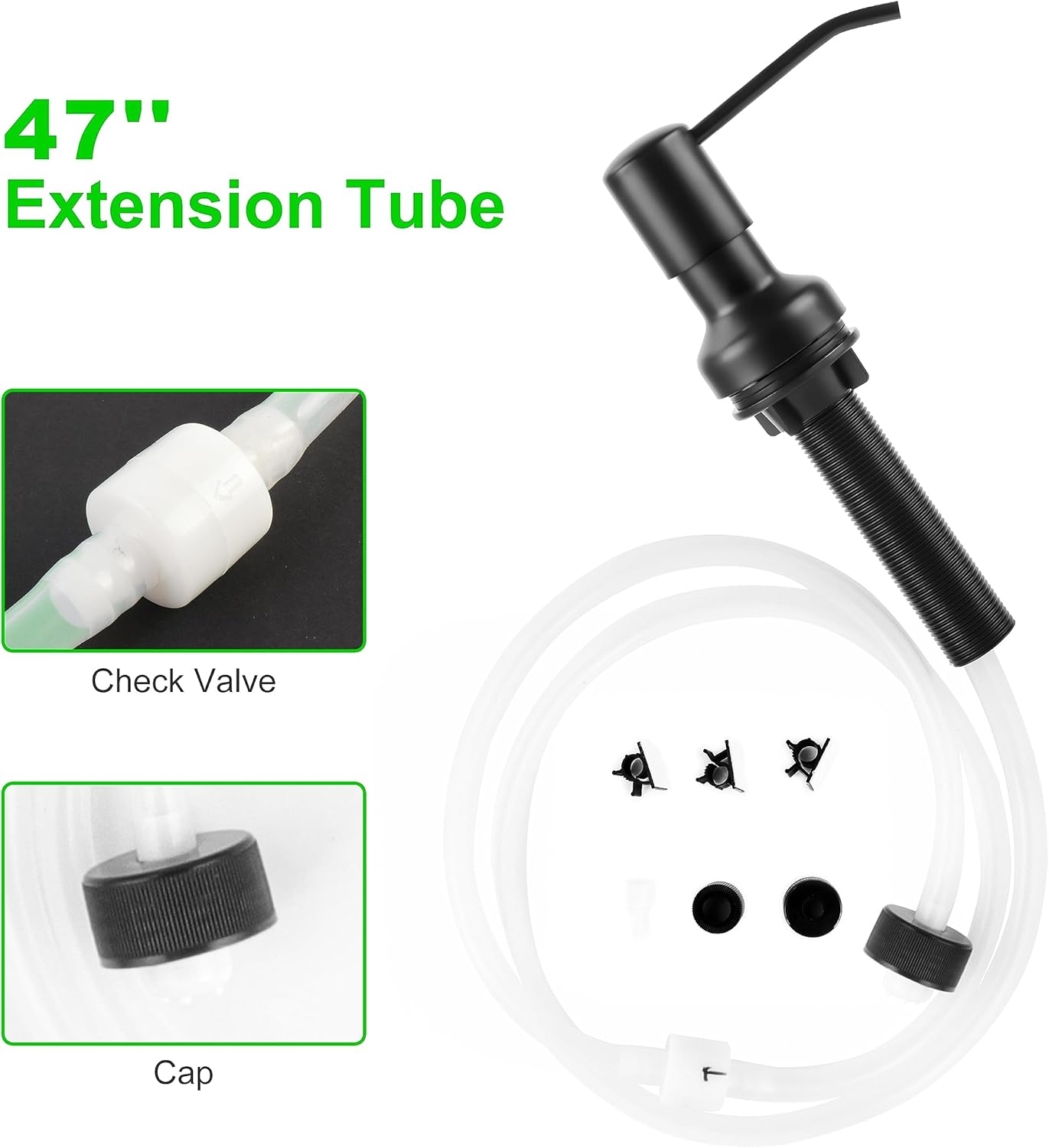 Soap Dispenser for Kitchen Sink, Sink Soap Dispenser with Longer Threaded Shaft Shank, 47" Extension Tube Connects Directly to Dish Soap Container, Wider Pump Head Base （Black）