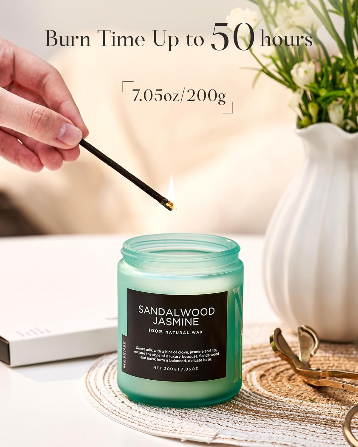 M&SENSE Sandalwood Jasmine Scented Candles, Natural Soy Wax Best Smelling Candle 7.05oz 50 Hour Burning，Floral Non Toxic Single Cotton Wick Aromatherapy Gifts for Women Friend