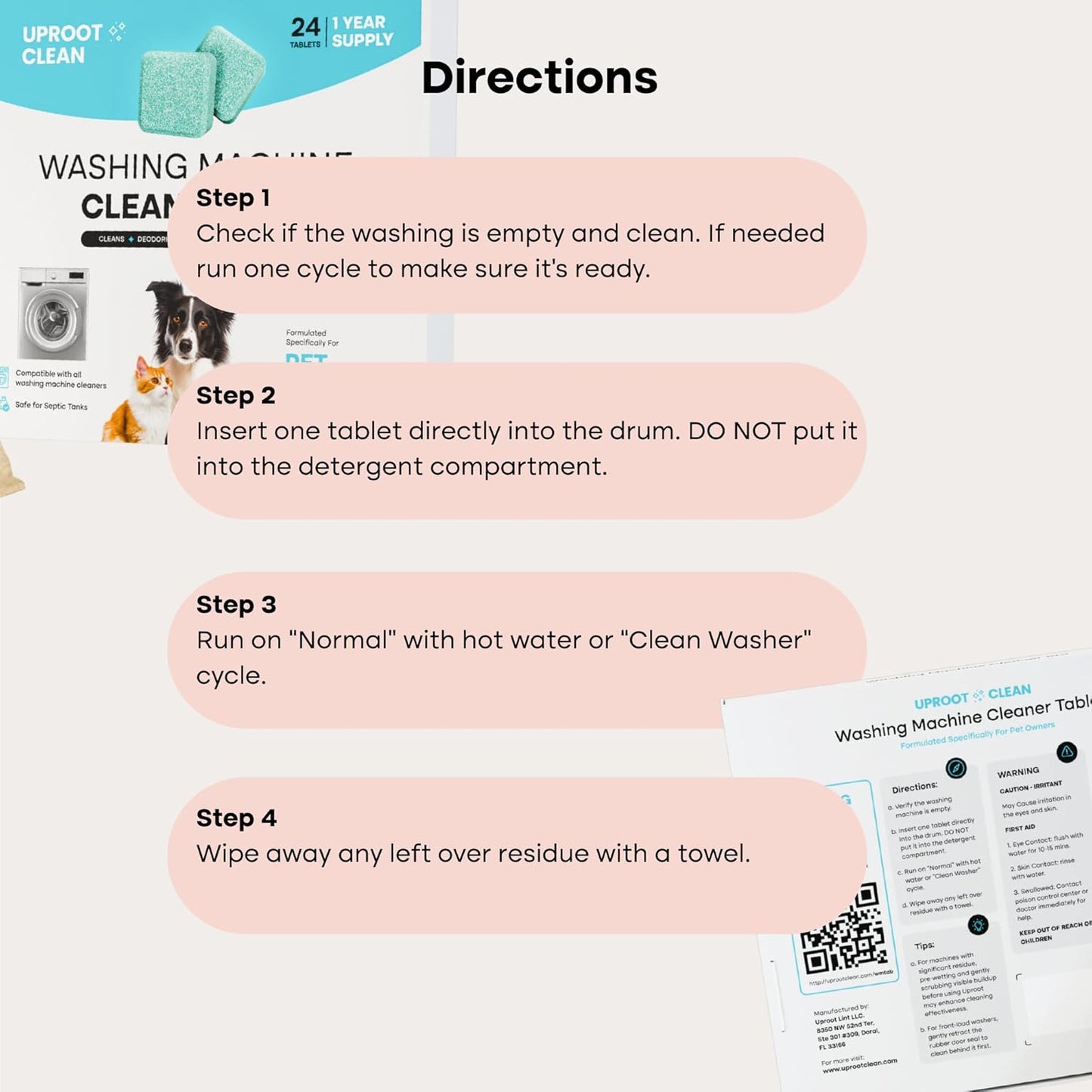 Uproot Clean Washing Machine Cleaner Tablets Ultra - 40% Stronger Formula: Designed for Pet Owners, Remove Residue, Grime & Odors, Compatible with HE, Top & Front Load, 24 Pack - 12 Month Supply