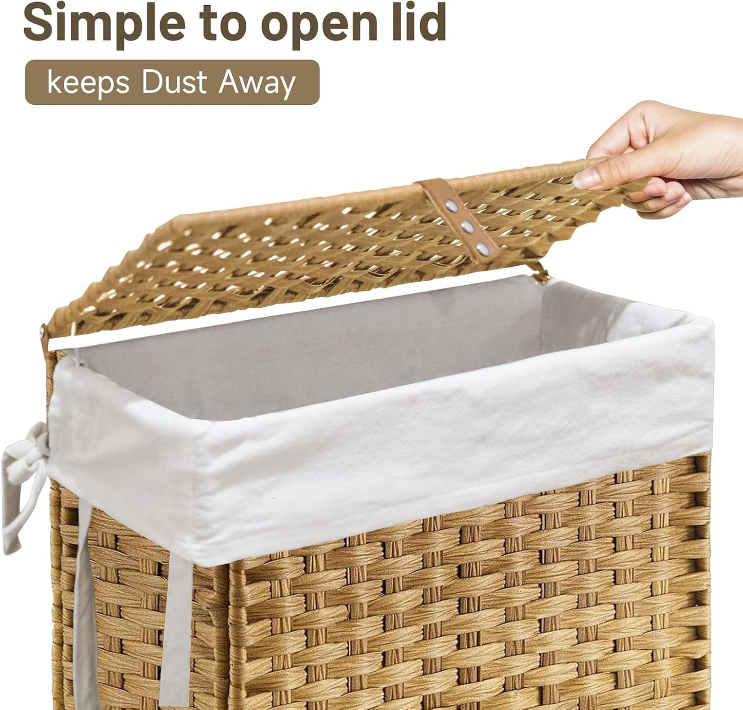 70L Slim Laundry Hamper with Lid & Wheels, 2-Park Rolling Laundry Basket with 4 Removable Liner Bags & 3 Mesh Bags, Narrow Dirty Clothes Basket, Foldable Handwoven Rattan Laundry Sorter, Natural