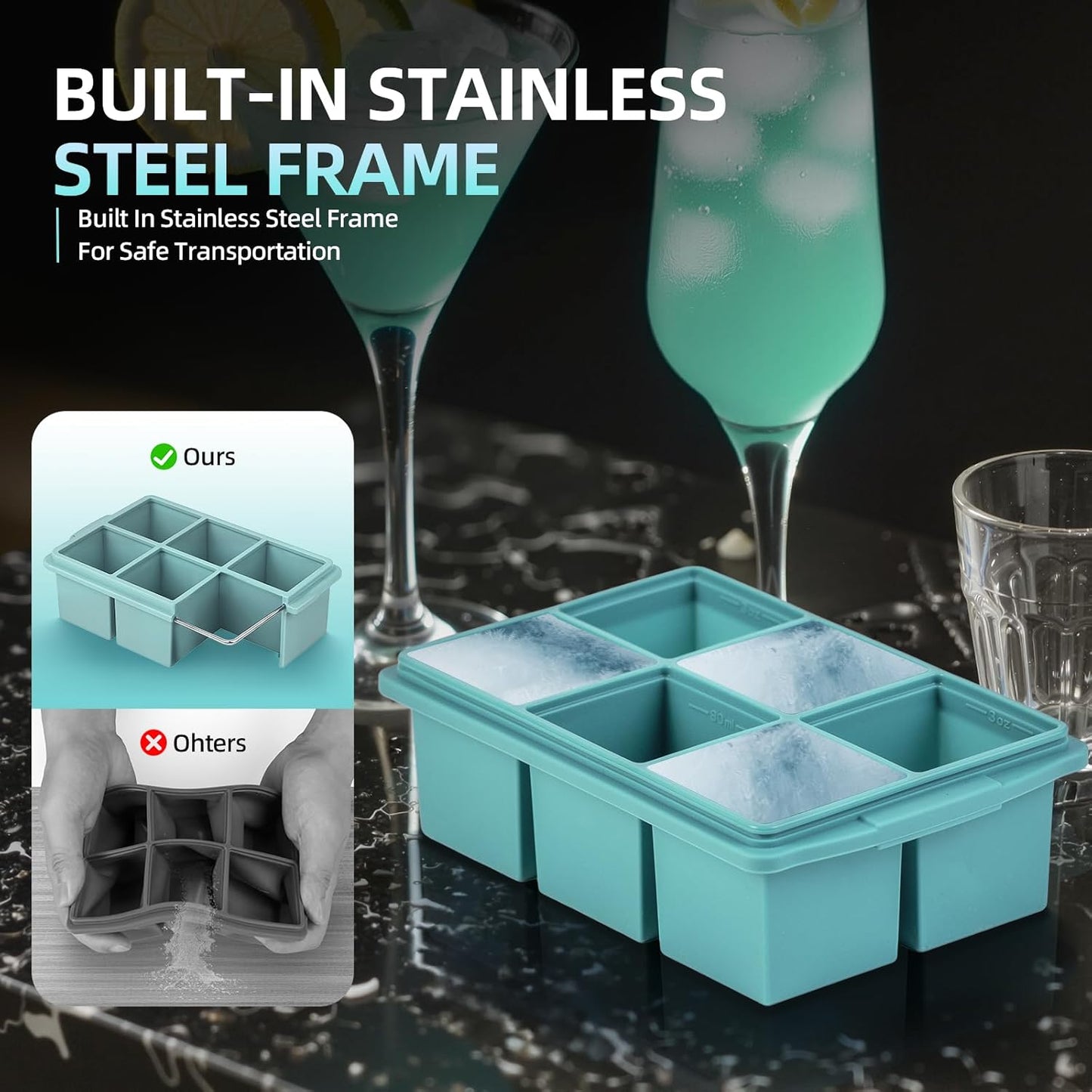 Large Ice Cube Trays for Whiskey (2 Pack) - Silicone Ice Cube Molds with Steel Frame Reinforcement & Lid, 2-Inch Square Ice Cubes for Whisky, Cocktails, Coffee, Tea - Easy Release