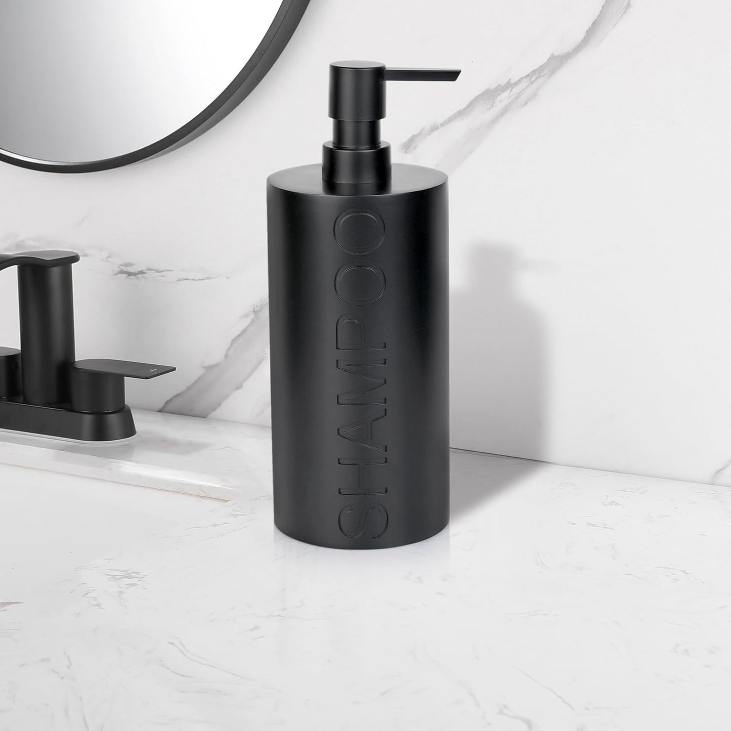 Matte Black Shampoo Dispenser Modern Refillable Pump Bottle with Embossed Text, Durable Resin Construction for Bathroom and Kitchen