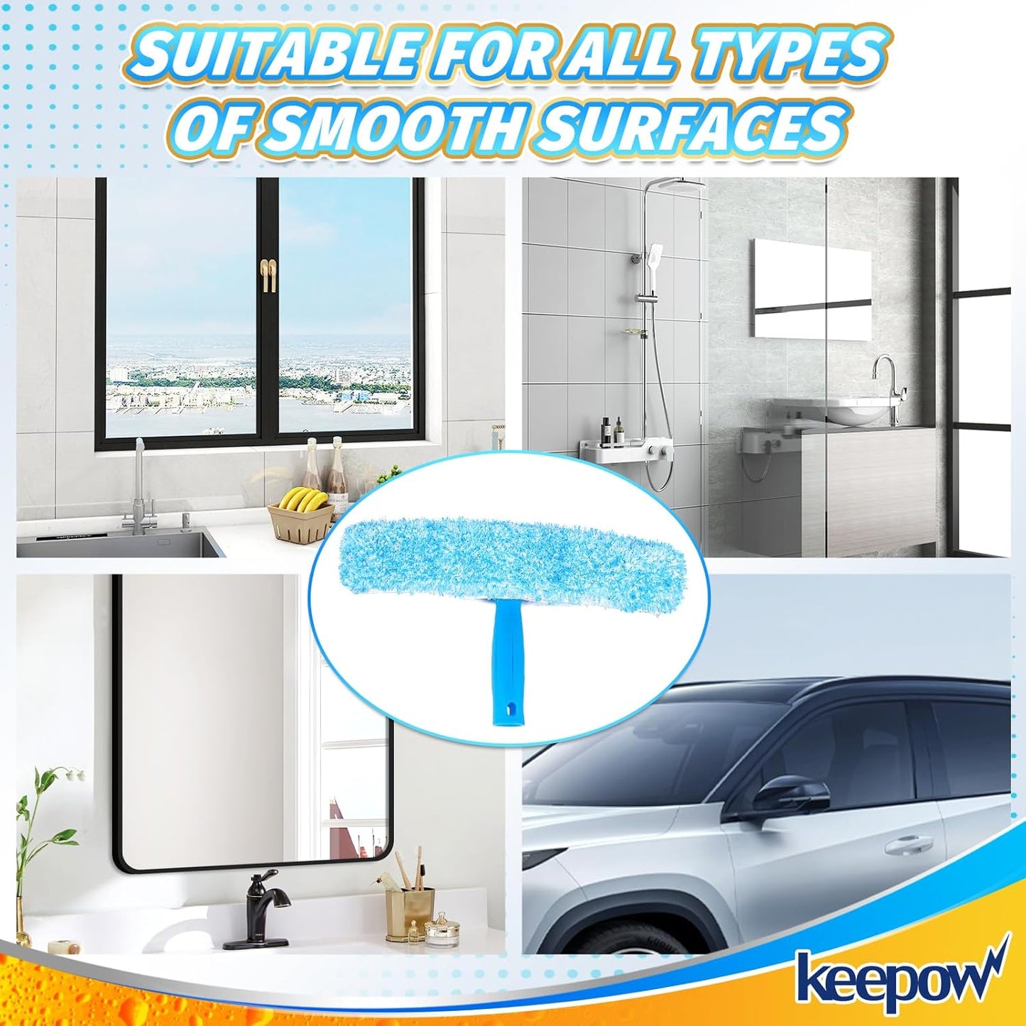KEEPOW 14" Microfiber Window Scrubber Refill Replacement Compatible with MR.SIGA, Compatible with Ettore Professional Window Cleaning, Reusable & Washable Window Squeegee for Home (2 Pack)