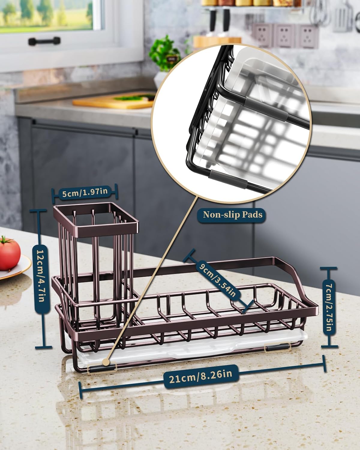 Consumest Sink Caddy Kitchen Organizer, Sponge Holder for Kitchen Sink with Removable Drip Tray for Countertop Dish Soap Holder Dispenser Brush Holder, 304 Stainless Steel - Bronze