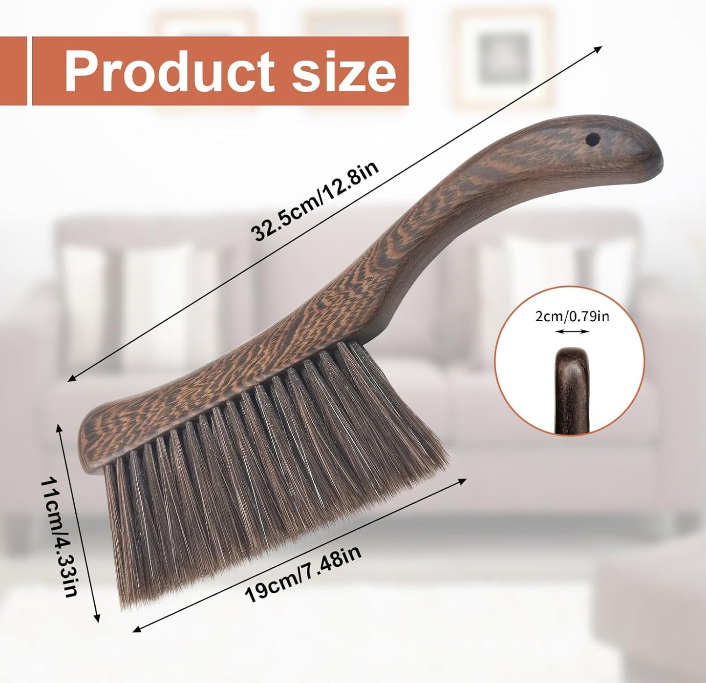 Hand Broom Brush, Wooden Handle Soft Bristle Cleaning Dust Brush,Bench Brushes with Bristlesfor Furniture, Bed, Car, Bench, Crevice Cleans, Sofa, Fireplace, Clothes（Curved Handle）