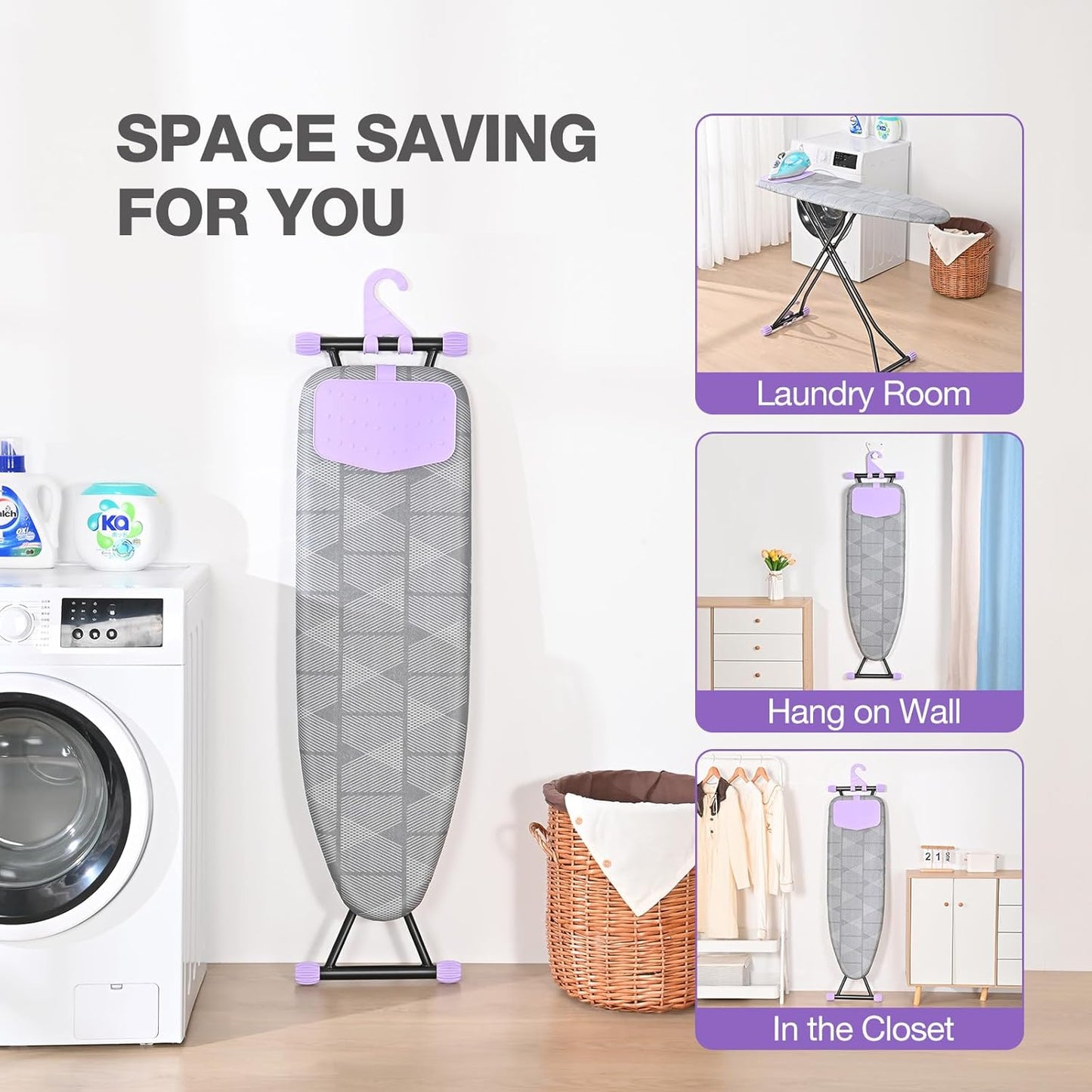 APEXCHASER Ironing Board with Iron Rest, Compact and Space Saver Iron Board, Extra Thick Cover, Height Adjustable, Wall Mount & Closet Hanger 13x43 Grey