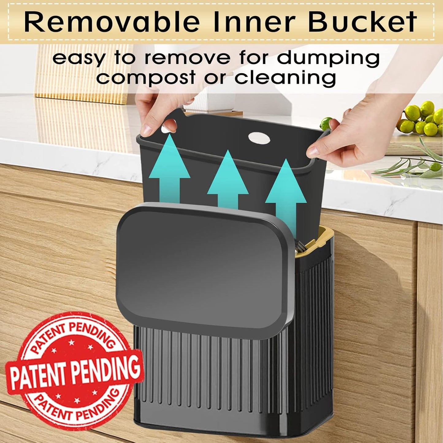 GloDeals Kitchen Trash Can for Counter Top or Under Sink, 1.05 Gallon Stainless Steel Small Compost Bin, Wall Mount Compost bin with Lid for Kitchen, Cabinet Trash Can Hanging (Black)