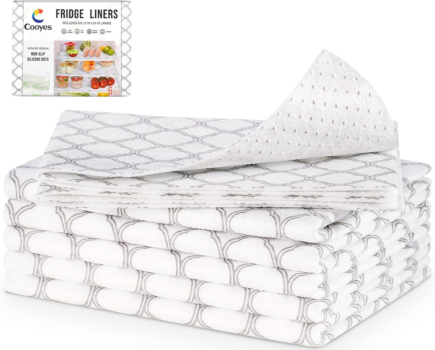 Cooyes Non Slip Refrigerator Liners, 2-in-1 Fridge Mats and Fresh-Keeping Shelf Liners, Absorbs Excess Moisture, BPA-Free, Multiple Sizes for Glass Shelves Kitchen Cabinets Drawers, 6 Pack, 12" × 24"
