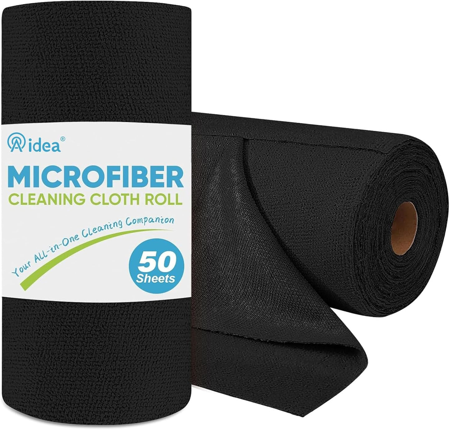 AIDEA Microfiber Cleaning Cloth Roll, 50PK, Black Microfiber Towels for Cars, Reusable Paper Towels Tear Away Cloth, Shop Rags, Lint Free Cleaning Rags for House, Kitchen, Window, 11.5"×11.5"