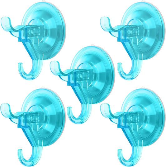 Antimbee Suction Cup Hooks, 5 Pack Shower Wall Suction Cup Hangers, Heavy Duty Vacuum Suction Cups, Reusable Bathroom Suction Hooks for Window, Tile Wall, Glass Door-2 Hooks Design(Transparent Cyan)