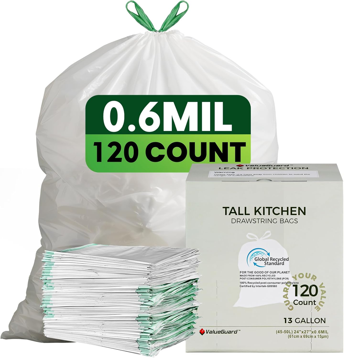Large Trash Bag 13 Gallon Tall Drawstring 100% Post-Consumer Recycled Garbage Bag Waste Bag for Kitchen Office (120 Count, 0.6 Mil)