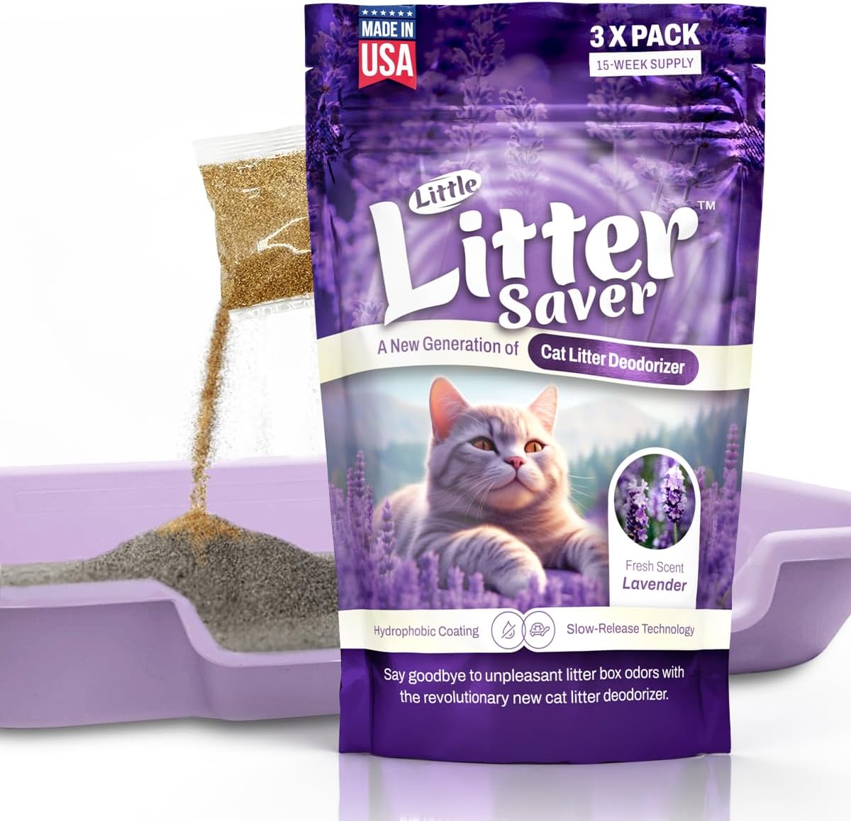 Little Litter Saver | a New Generation Of Cat Litter Box Deodorizer | Unique Slow Release Formula | Natural Fresh Scent | Up to 15 Weeks Supply | 3 x 0.5oz bags (Lavender)
