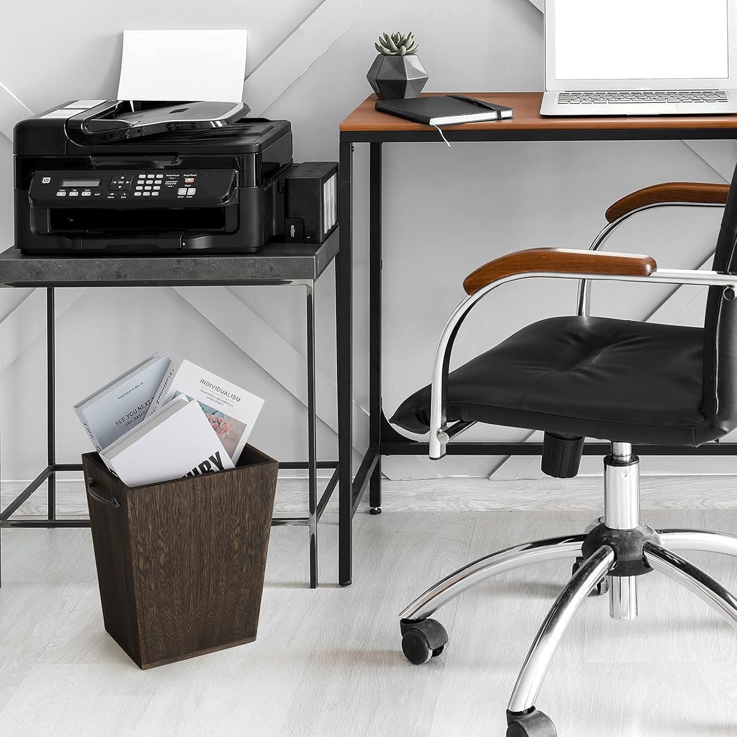 Trash Can Wastebasket Wood Garbage Container Bin with Built-in Double Metal Handles for Office, Bedroom, and Bathroom, Dark Brown