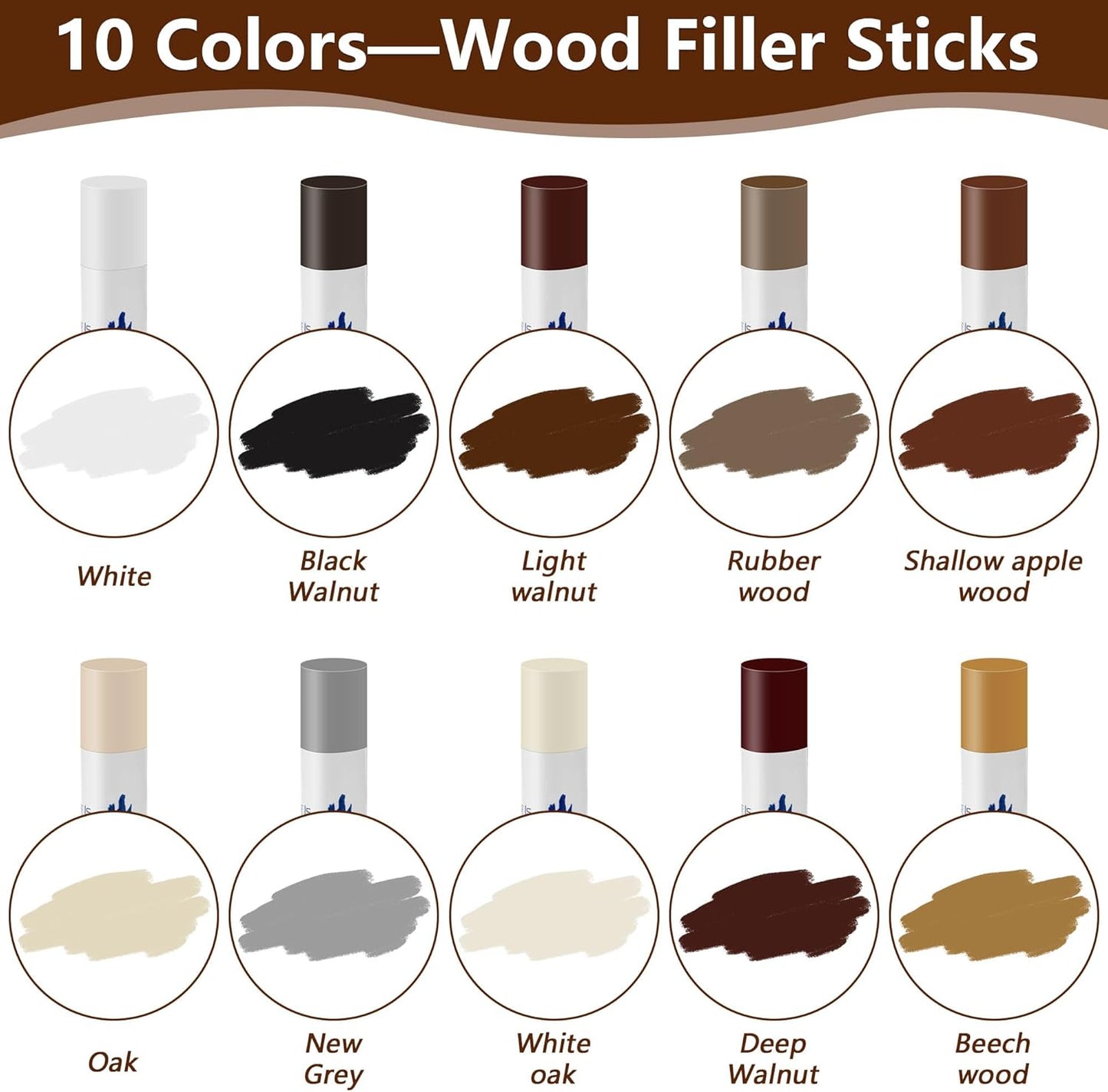 Wood Filler Sticks with 1P Box, 1P Knife, 1P Scraper and 1P Rag, Pletpet 10 Colors Furniture Crayon Touch Up Wood Filler Nail Hole Wax Sticks for Repairing Scratches and Nail Holes (10p)