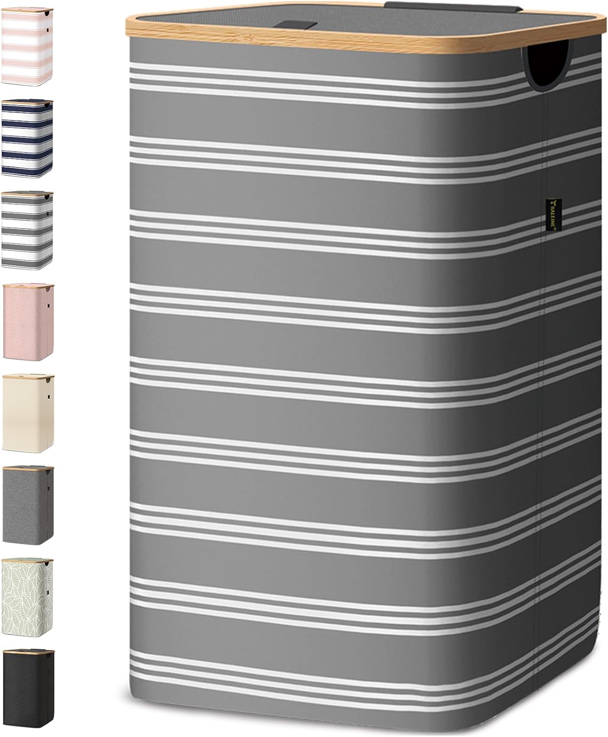 BALEINE Laundry Hamper with Lid, Tall Laundry Baskets with Bamboo Pull Handles, Large Laundry Bin with Internal Support (18 Gal/70L, Grey Pinstripe)