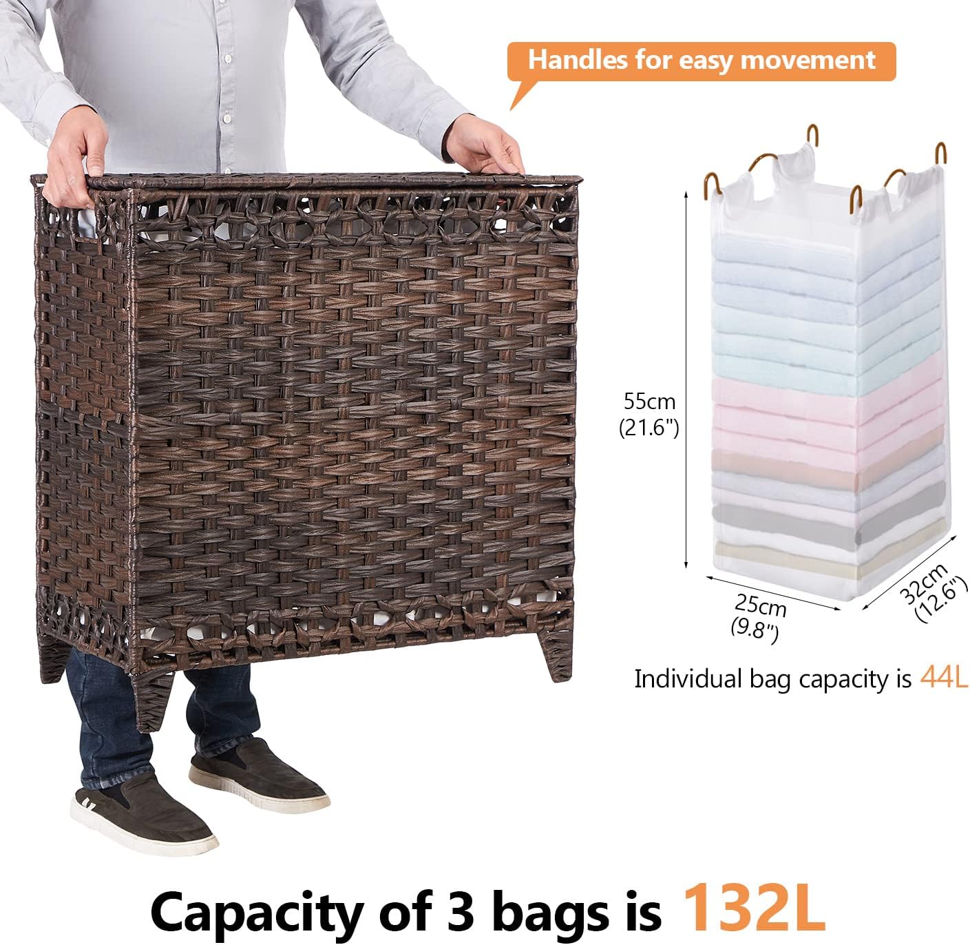 Laundry Hamper with 3 Removable Liner Bags; 132L Handwoven Rattan Laundry Basket with Lid & Heightened Feet; Clothes Hamper with Side Handles; Laundry Sorter with 3 Separate Sections (Brown)