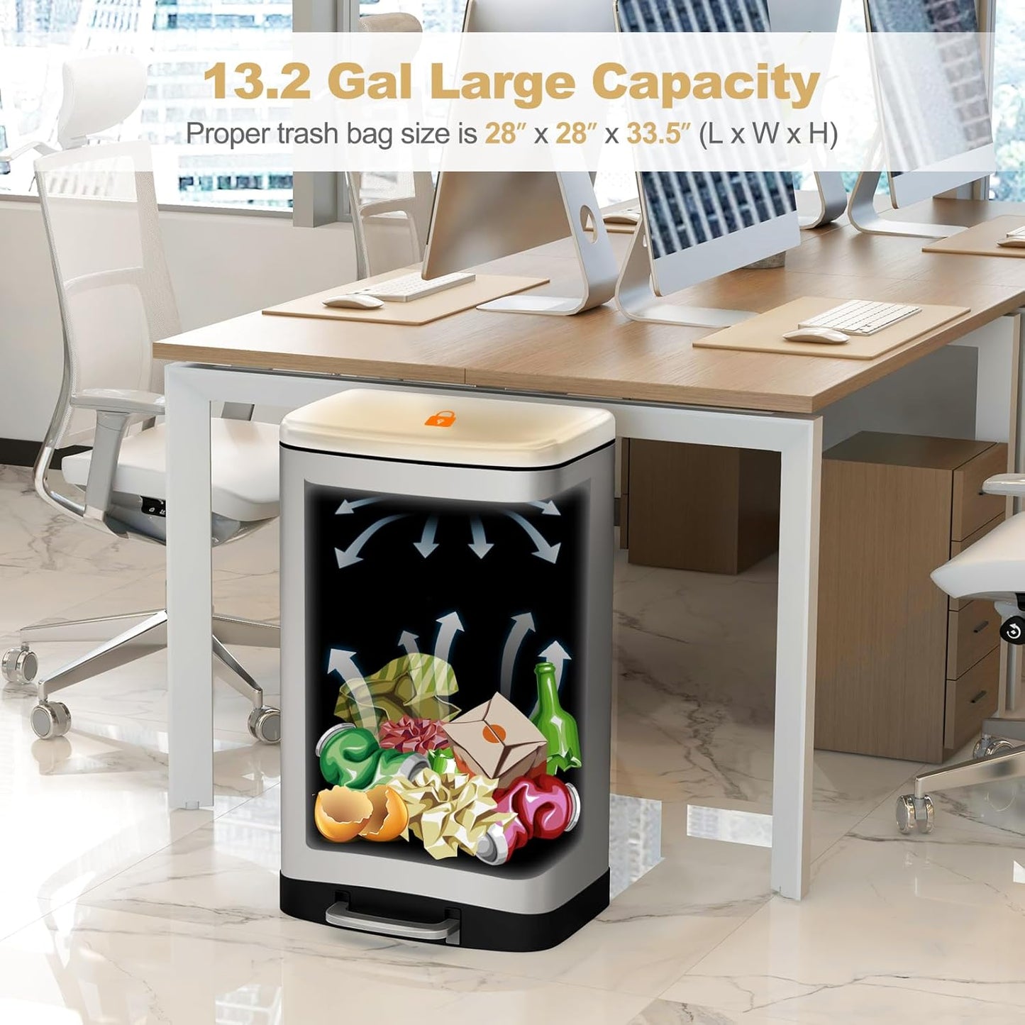 S AFSTAR 13.2 Gal Step Trash Can, 50 Liter Stainless Steel Pedal Trash Bin W/Lock Device & Soft Closing Lid, Recycling or Waste Bin, Rectangular Hand-Free Step-on Garbage Bin for Kitchen Home Office