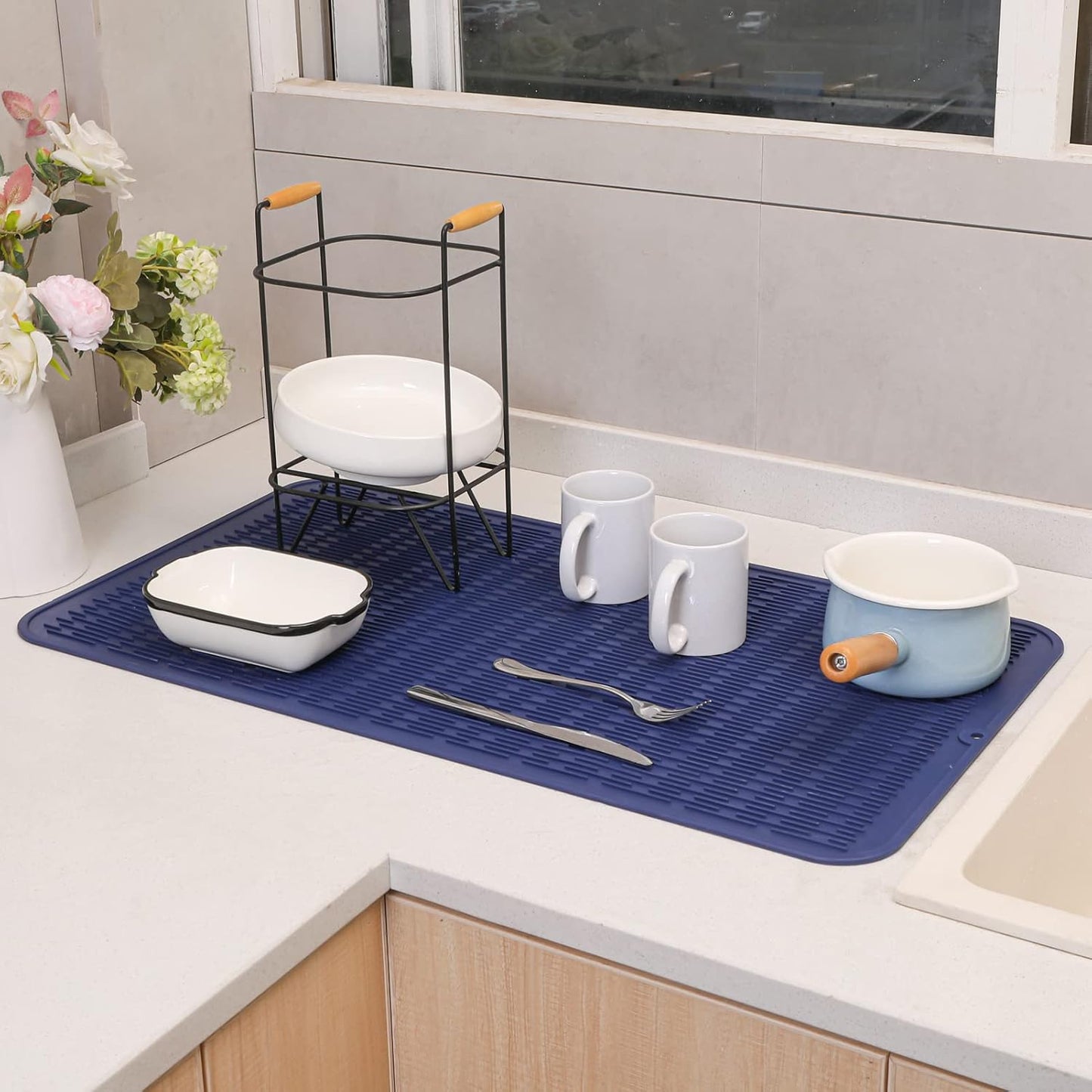 Silicone Dish Drying Mat for Multiple Usage,Easy clean,Eco-friendly,Heat-resistant Silicone Mat for Kitchen Counter or Sink,Refrigerator or Drawer Liner Navy Blue 4XL 32 inches x 18 inches