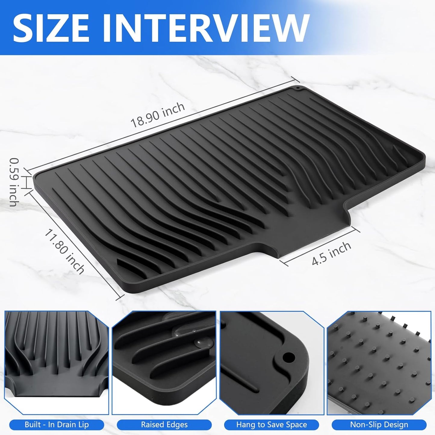 Silicone Dish Drying Mat for Kitchen Counter, Dish Drainer Mat, Non-Slip Drying Pad with Built-in Drain, Kitchen Drying Matt For Counter(18.9" x 11.8", Black)