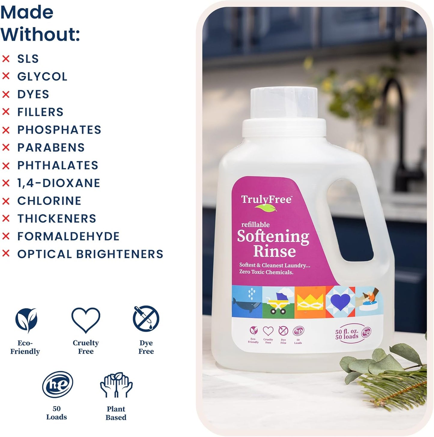 Truly Free Fabric Softening Conditioner for Clothes| Safe for Babies & Kids with Sensitive Skin | Plant-Based | Include 1 Refillable 50oz Bottle with Measuring Cap| Unscented Rinse(50 Loads)