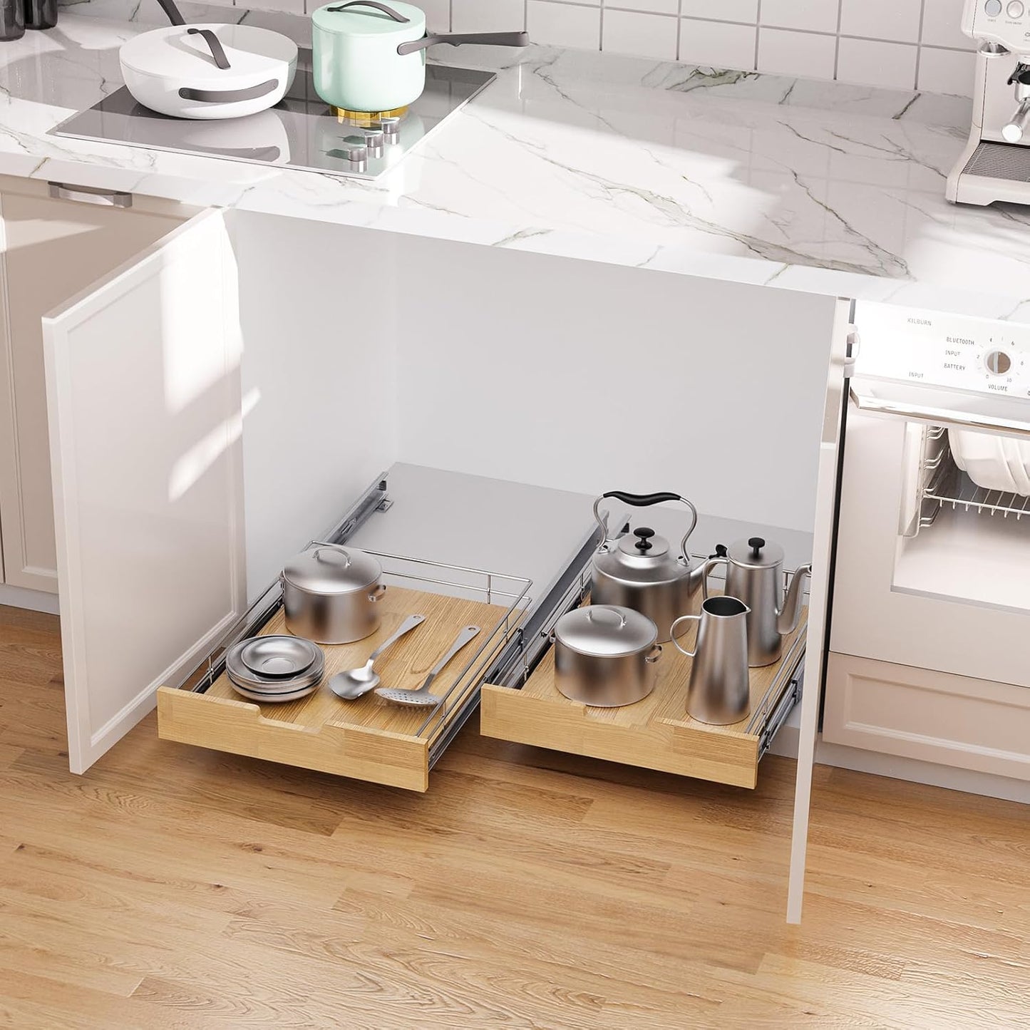 Pull Out Cabinet Organizer,Heavy-Duty Slide Out Shelf, Wood And Wire Basket, Pull Out Drawer for for Kitchen Under Sink Space, Pantry, Bathroom (17 * 21 WM)