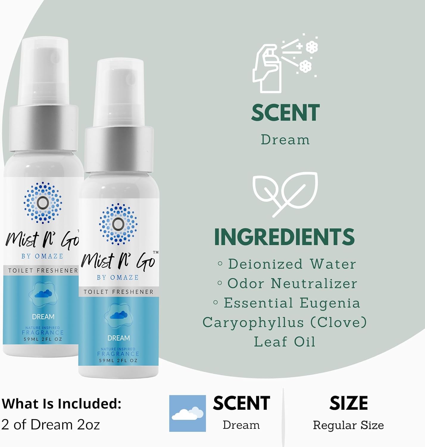 Mist N’ Go by Omaze Travel Bathroom Spray for Toilet Spray Odor Eliminator - Travel Toilet Spray for Bathroom Air Freshener Spray for Bathroom Deodorizer - Dream Regular Size (2oz x2)