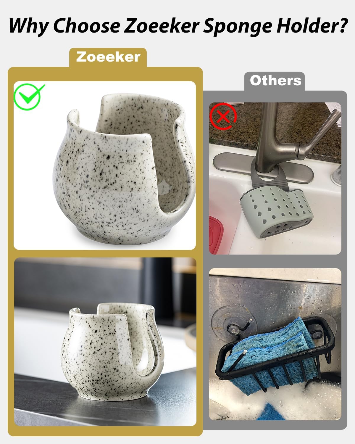 Sponge Holder for Kitchen Sink, Ceramic Dish Sponge Dish Rack Scrubby Caddy Kitchen Organizer Cute Sink Caddy Organizer, Farmhouse Decor, Speckled Glaze