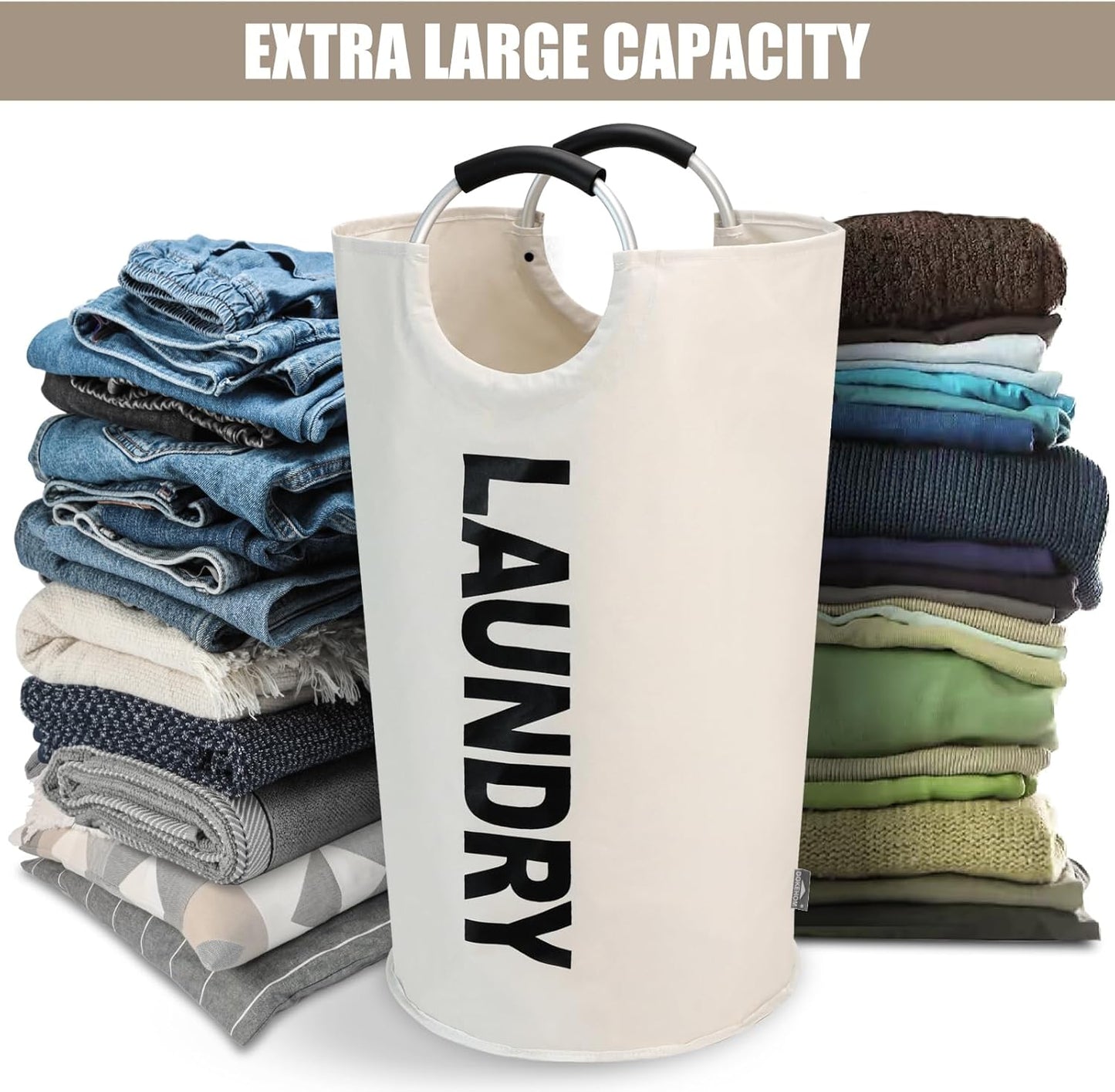 DOKEHOM 125L X-Large Laundry Basket, Collapsible Laundry Bag, Freestanding Tall Clothes Hamper, Foldable Washing Bin (Beige)