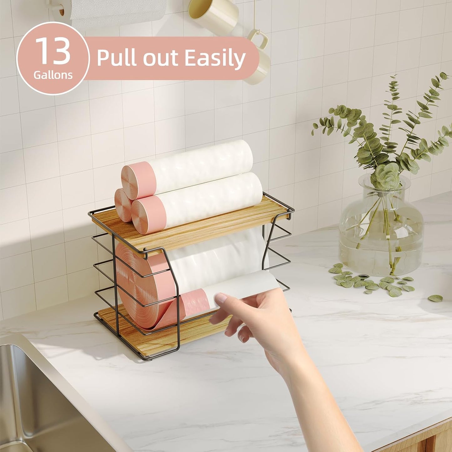 Large Trash Bag Holder, Wall Mount Grocery Bag Holder with Lid, Suitable for Garbage Bags 13 Gallons,Stackable Storage Laundry Kitchen Organizers for Countertop Organization, No Drill