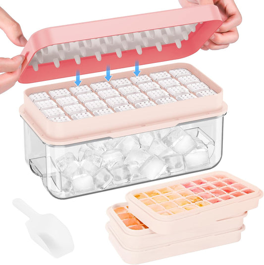 PHINOX Ice Cube Tray with Lid and Bin, 3 Pack Plastic Ice Cube Tray Molds, 96(4 * 8 * 3) pcs Ice Trays for freezer, Chilling Drinks, Whiskey & Cocktails, with Ice Container and Ice Scoop, BPA-Free