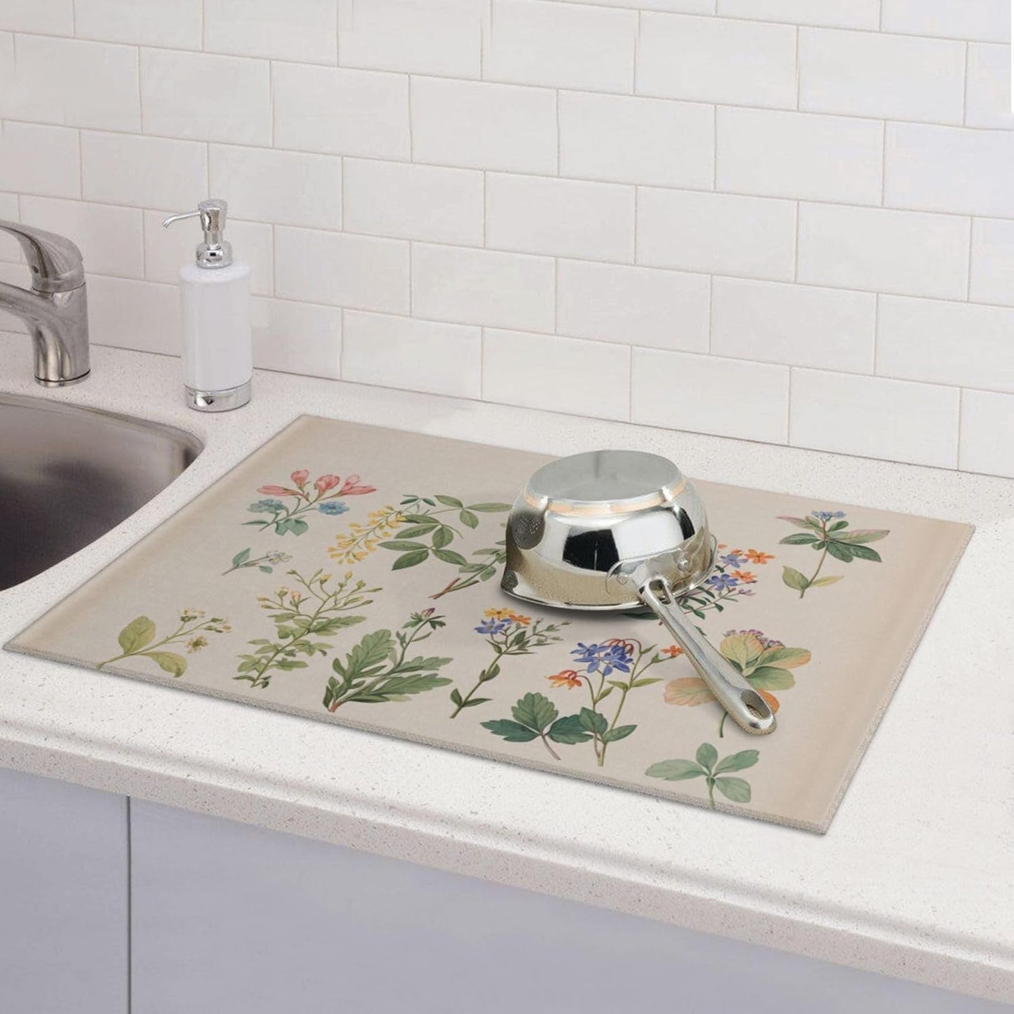 Vintage Plants Herbs Floral Dish Drying Mat Highly Absorbent Double-Sided Microfiber with Hanging Loop Reversible Drain Dish Rack Mat Drain Mat Suitable for Kitchen Countertop Coffee Bar 18 x 24 Inch