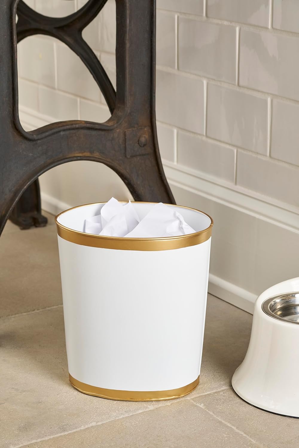 Jaye's Studio Mattie Decorative White and Gold Bathroom Trash Can, Metal Waste Basket Modern, Luxury Trash Bin for Bedroom, Dorm Room, Office Garbage Can, Oval Decorative Trash Bins (12" x 10" x 8")