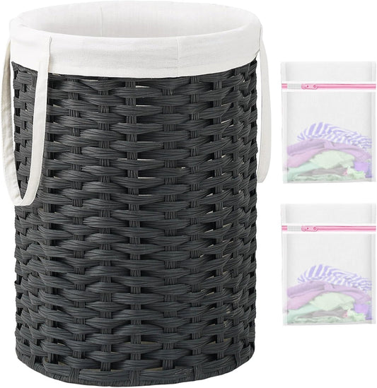 Laundry Hamper Laundry Basket Round 19.0 Gal (72 L) Handwoven Rattan Laundry Basket, Large Wicker Laundry Hamper with Removable Laundry Bag Handles 2 Mesh Bags for Bathroom Living Room Black
