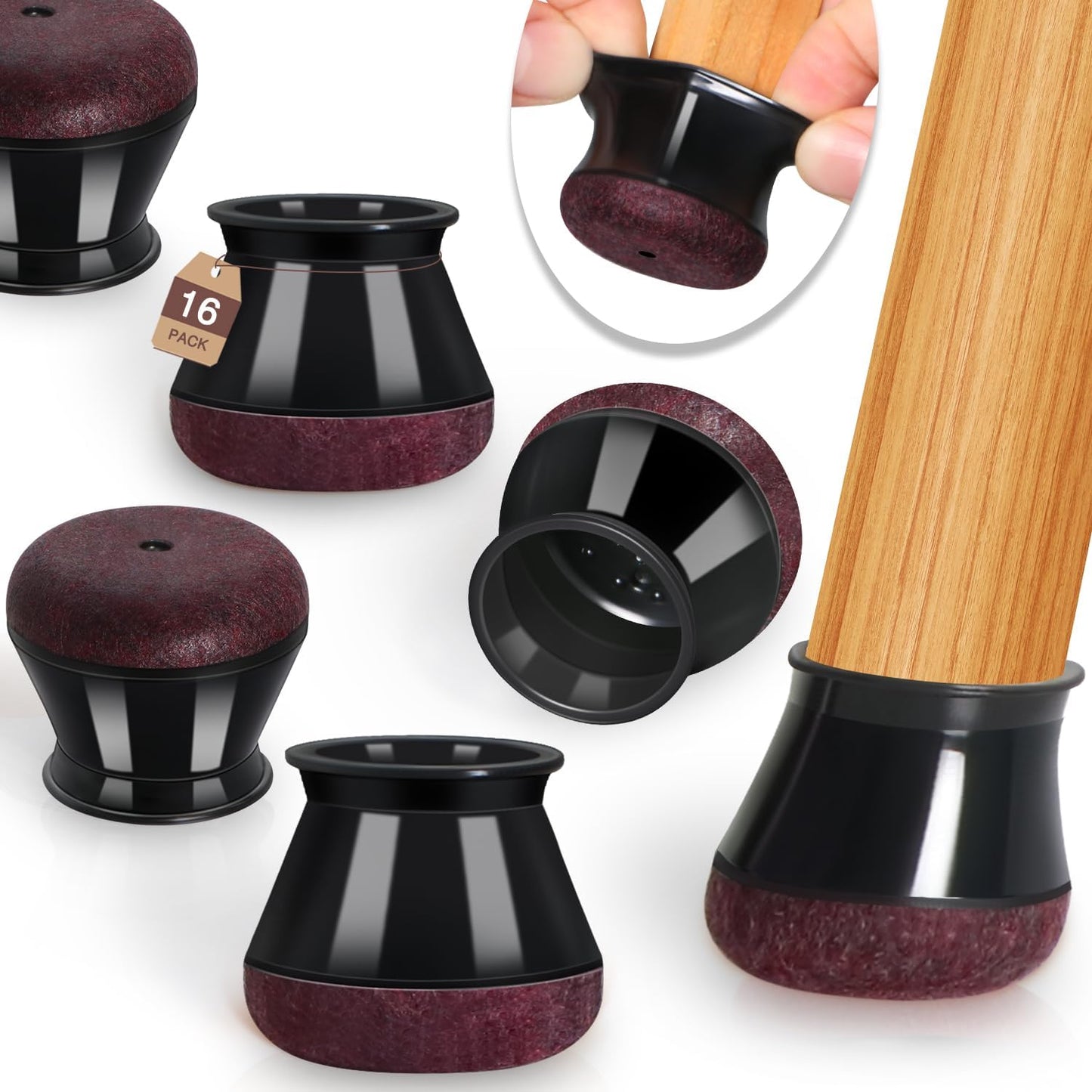 Chair Leg Floor Protectors Chair Leg Protectors for Hardwood Floors Felt Silicone Caps Strengthen Bottom Protection Anti-Scratch Reduce Noise 16 Pack Black Round Large Fit 1-3/16" to 1-5/8" (30-40mm)