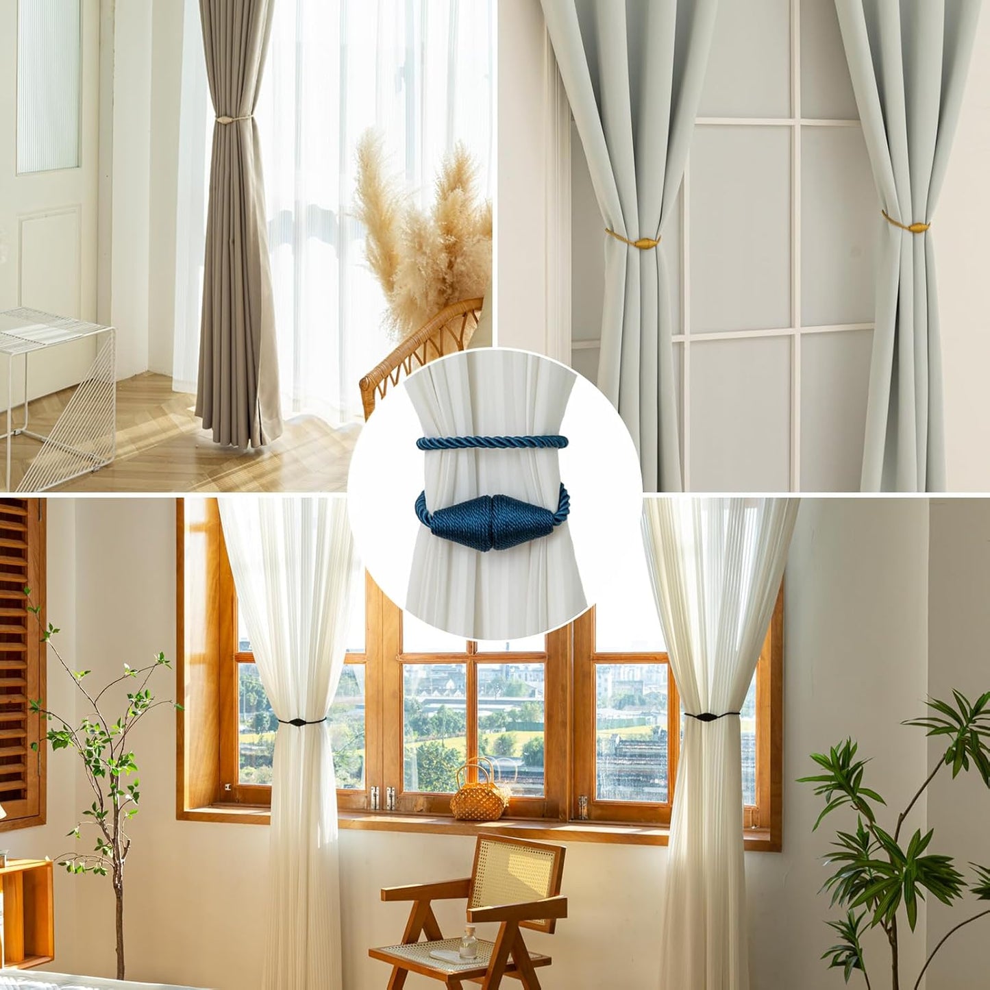 Magnetic Curtain Tiebacks 2 Pack Outdoor Rope Curtain Tie Backs Decorative Window Treatment Holdbacks for Home Decorative Curtain, Blue