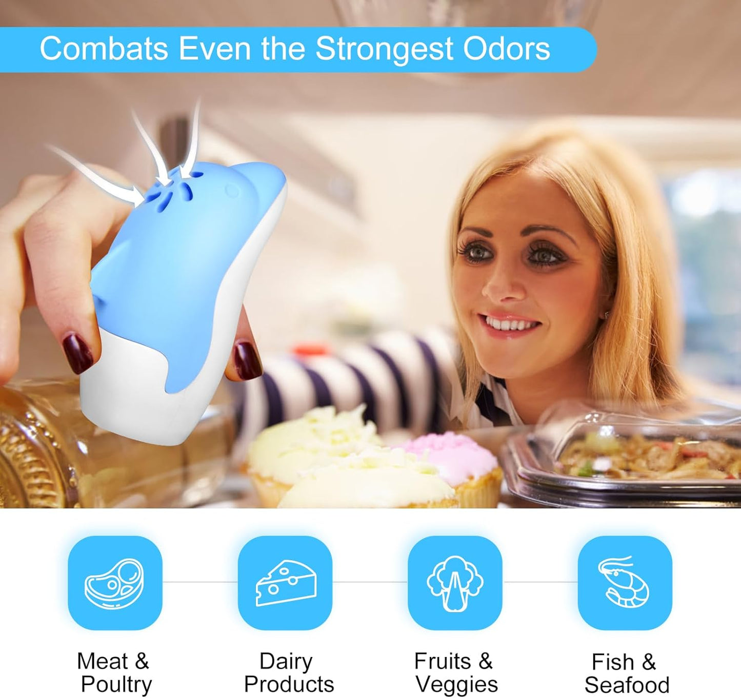 Asltw Upgrade Cute Fridge Deodorizer, Dolphin Fridge Cleaner, Freezer Odor Freshener, Add Baking Soda Reusable Fun Kitchen Gadgets (Blue)