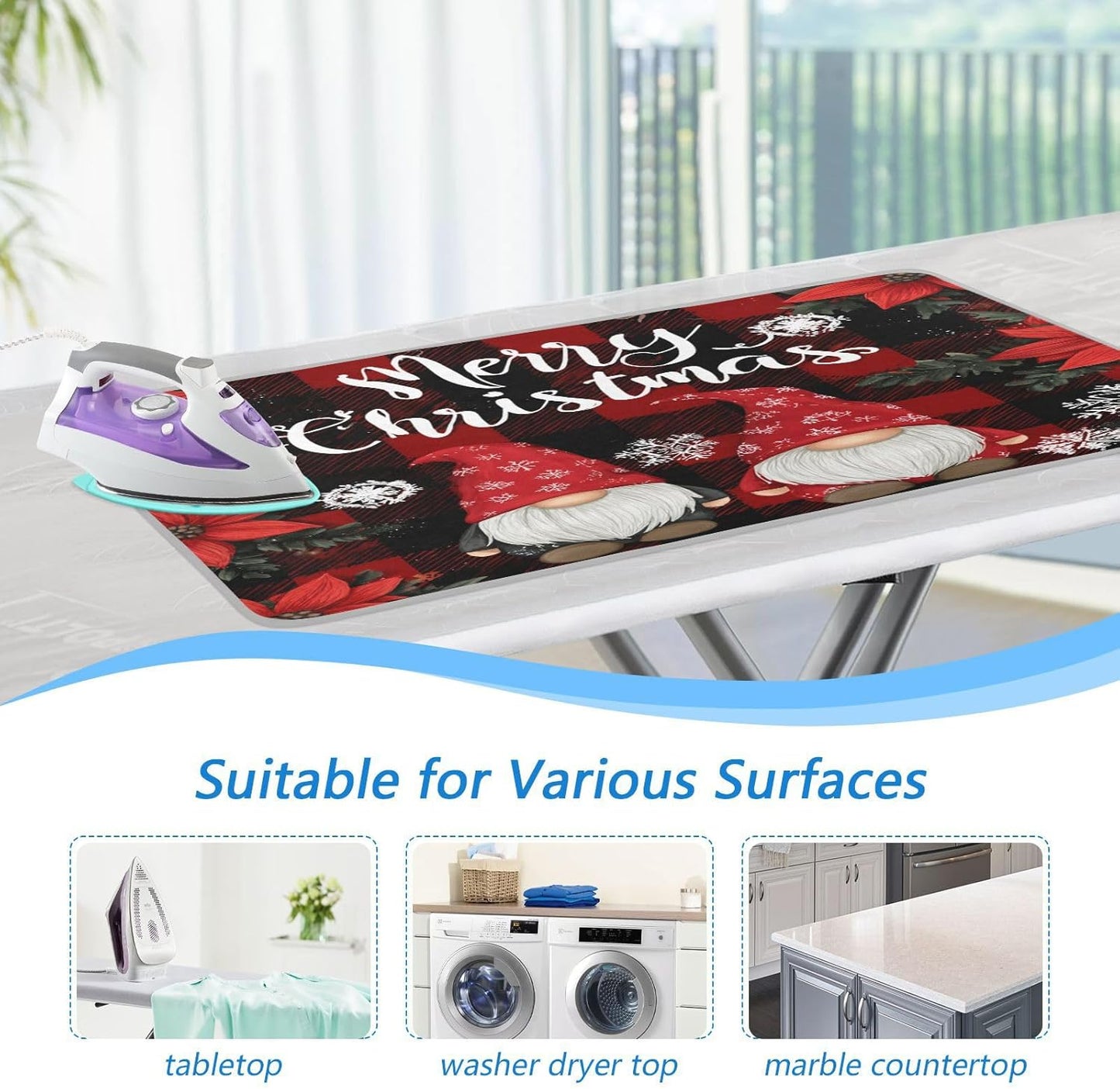 Red and Black Checkered Christmas Gnomes Ironing Mat for Table top Portable Ironing Pad Blanket for Washer Dryer Countertop Travel