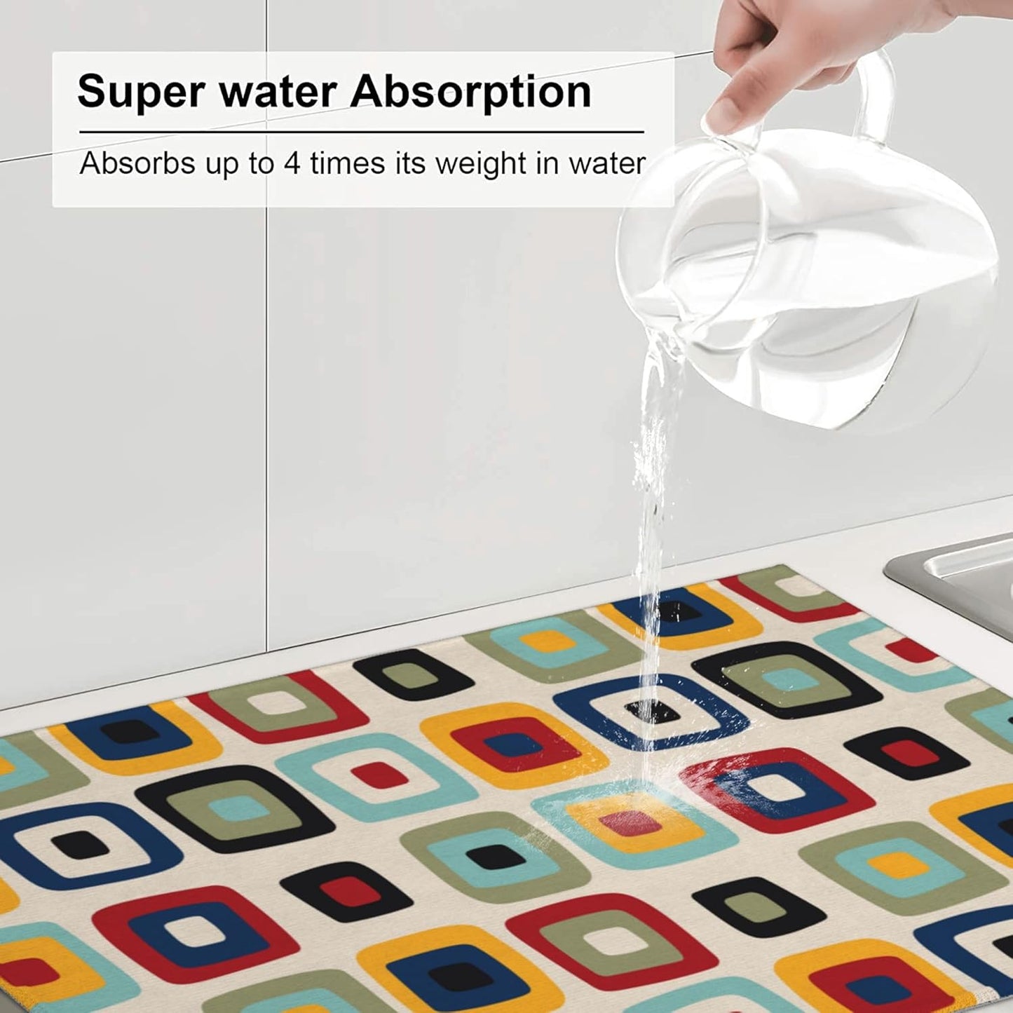 Mid Century Modern Retro Dish Drying Mat for Kitchen Counter Vintage Decorative Dish Drainer Rack Mats Washable Absorbent Reversible Microfiber Drying Pad Kitchen Accessories 18"x24"