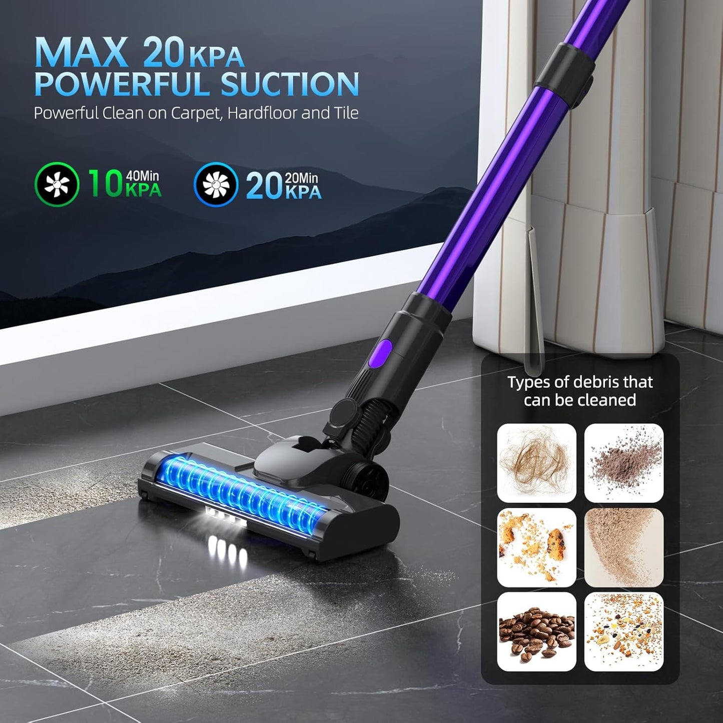 Cordless Vacuum Cleaner, Stick Vacuum with LED Display, 2 Modes 6 in 1 Lightweight Rechargeable Cordless Stick Vacuum with 40Min Detachable Battery Vacuum Cleaner for Home Hard Floor Carpet
