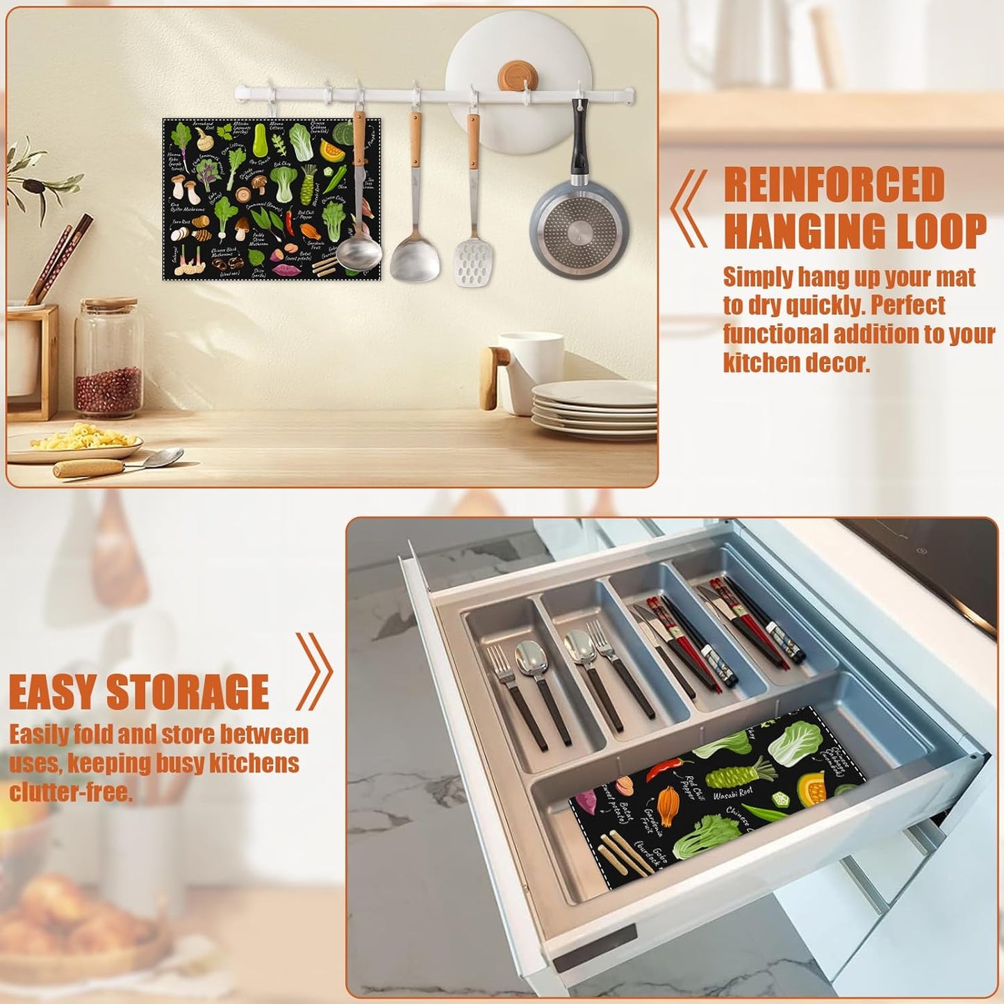 Vegetables Dish Drying Mat for Kitchen Counter Microfiber Absorbent Dish Kitchen Drying Mat Draining Reusable Washable for Dishes/Utensils/Counterto