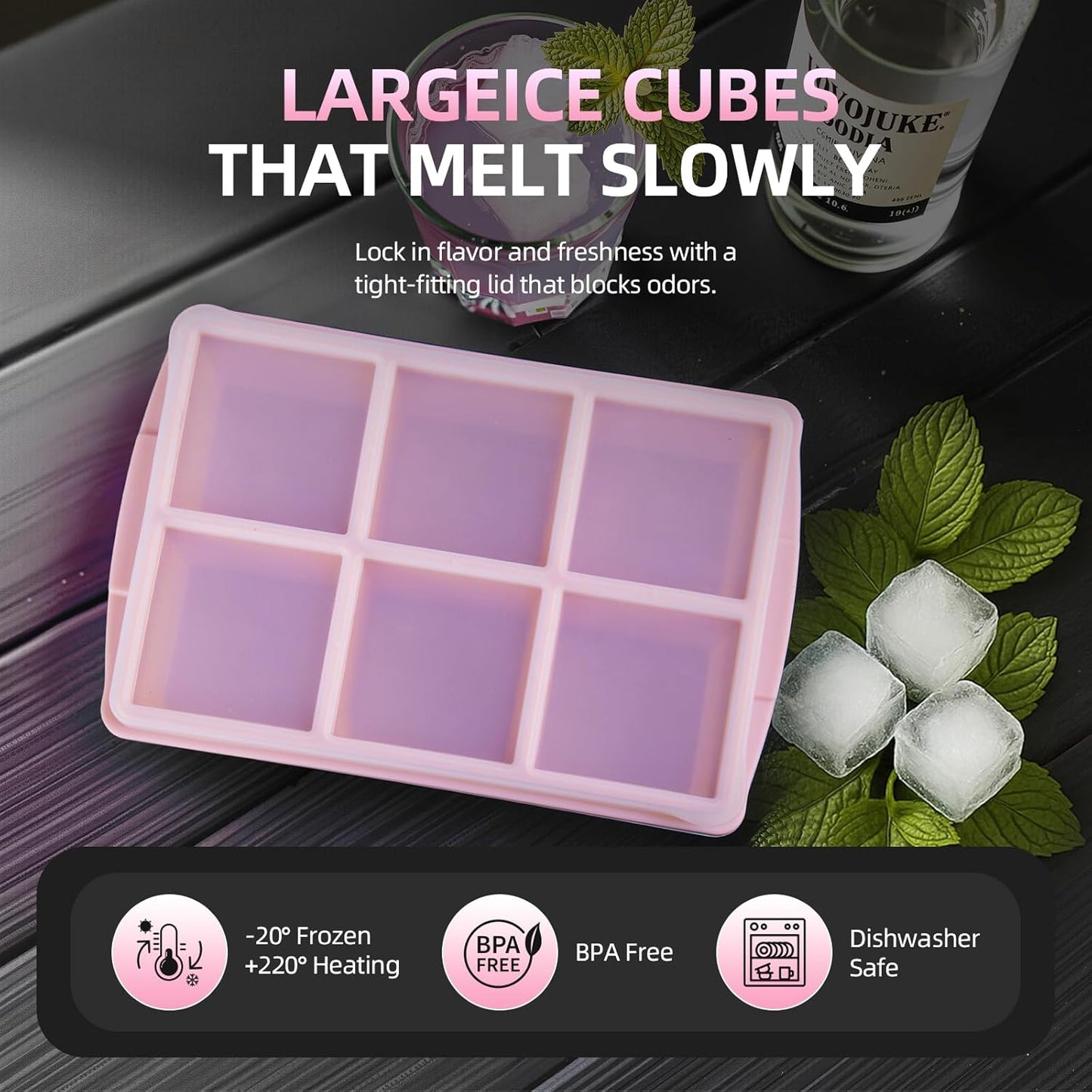 Large Ice Cube Trays for Whiskey (2 Pack) - Silicone Ice Cube Molds with Steel Frame Reinforcement & Lid, 2-Inch Square Ice Cubes for Whisky, Cocktails, Coffee, Tea - Easy Release