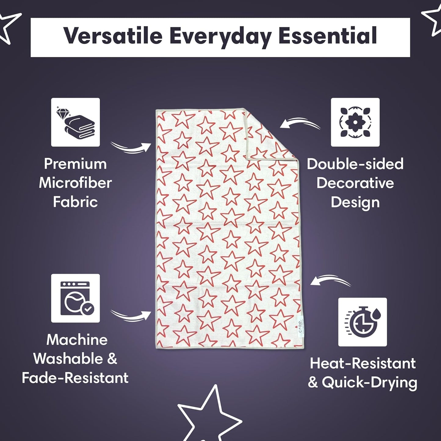 Microfiber Hand Towel & Washcloth Set of 2 - Double-Sided, Waffle Weave, Super Absorbent, Lint-Free, Fast Drying - Stars & Stripes Pattern for Bathroom, Kitchen, Car, and Window Cleaning