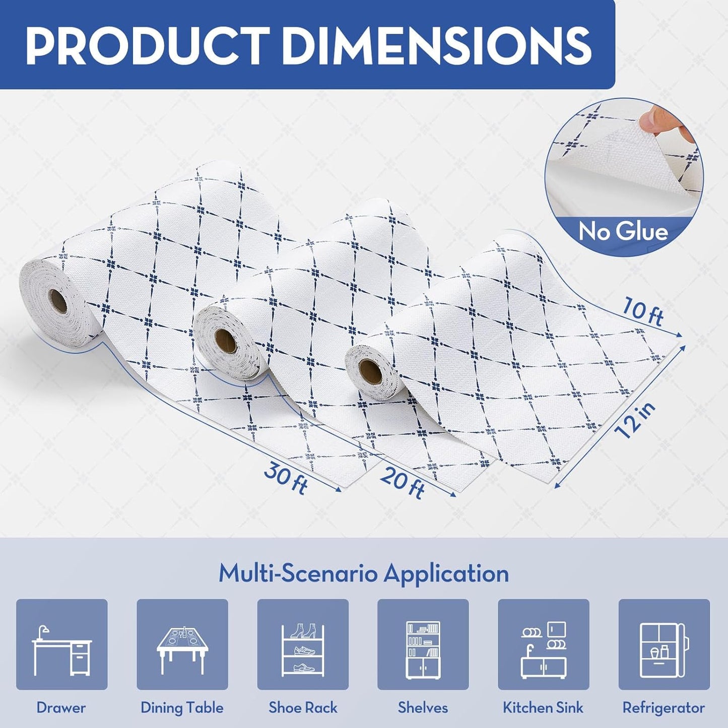 Drawer Shelf Liner for Cabinet,Slip Resistant Non Adhesive Liner for Kitchen, BPA Free Shelf Liners for Cabinets, Bathroom Cupboard Drawers,12IN x 20FT,Blue Stripe